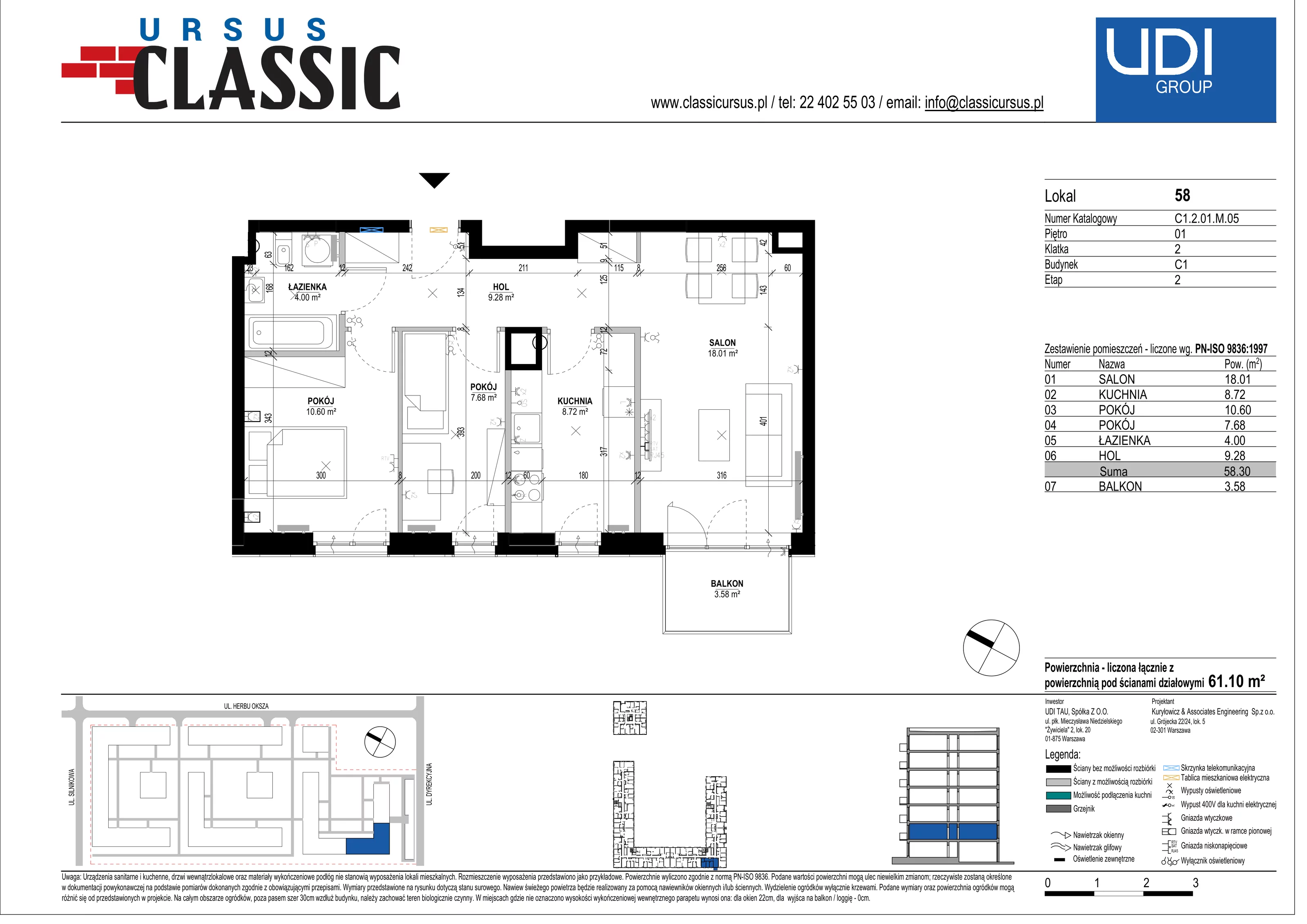 3 pokoje, mieszkanie 61,10 m², piętro 1, oferta nr C1/58, Classic Ursus, Warszawa, Ursus, Szamoty, ul. Dyrekcyjna