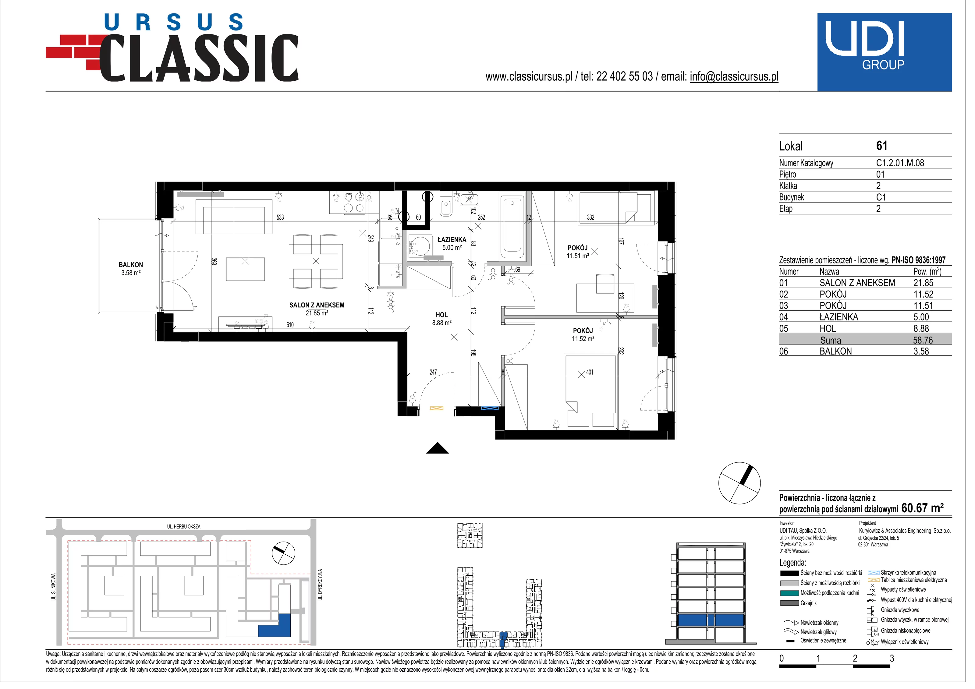3 pokoje, mieszkanie 60,67 m², piętro 1, oferta nr C1/61, Classic Ursus, Warszawa, Ursus, Szamoty, ul. Dyrekcyjna