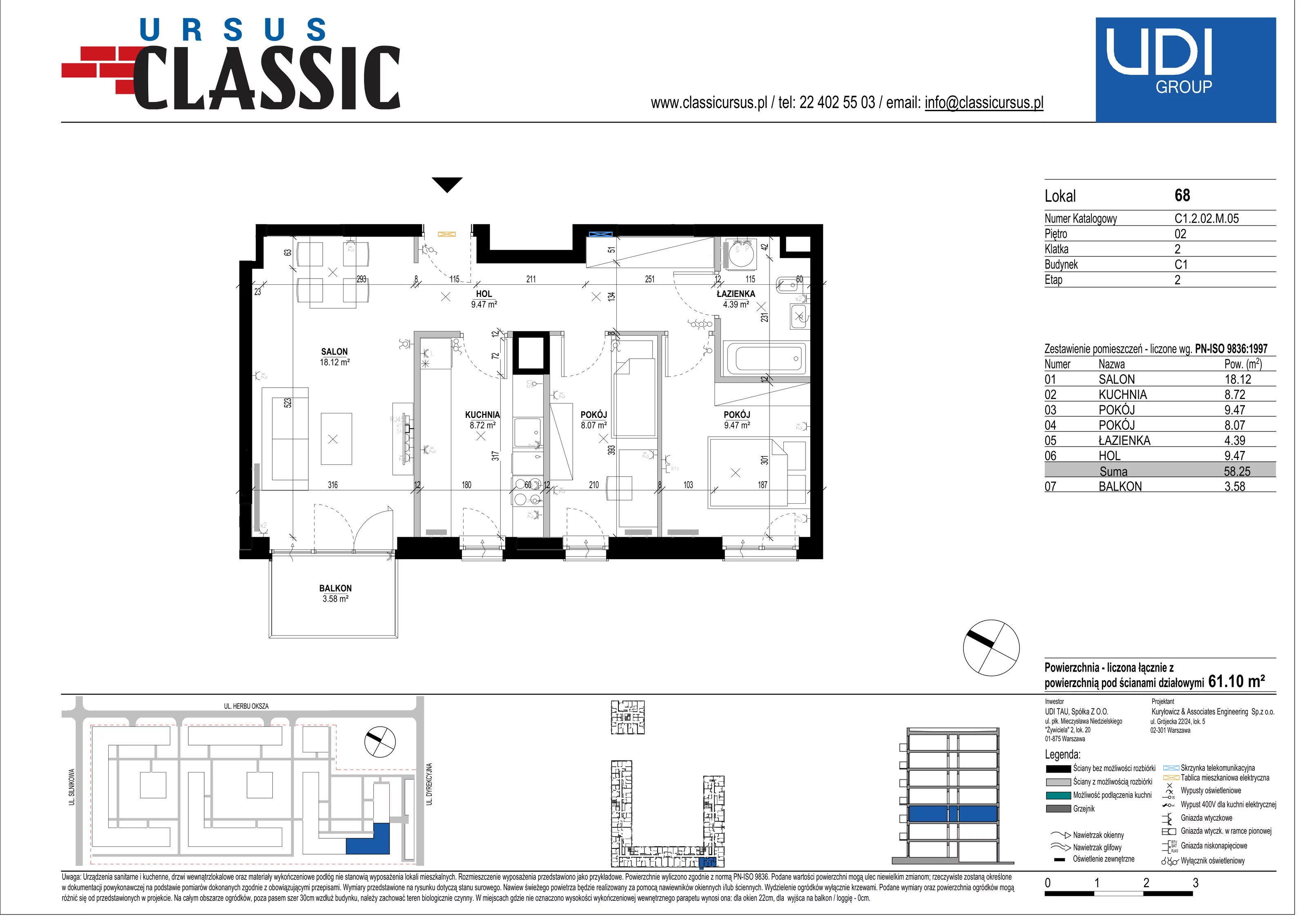 3 pokoje, mieszkanie 61,10 m², piętro 2, oferta nr C1/68, Classic Ursus, Warszawa, Ursus, Szamoty, ul. Dyrekcyjna