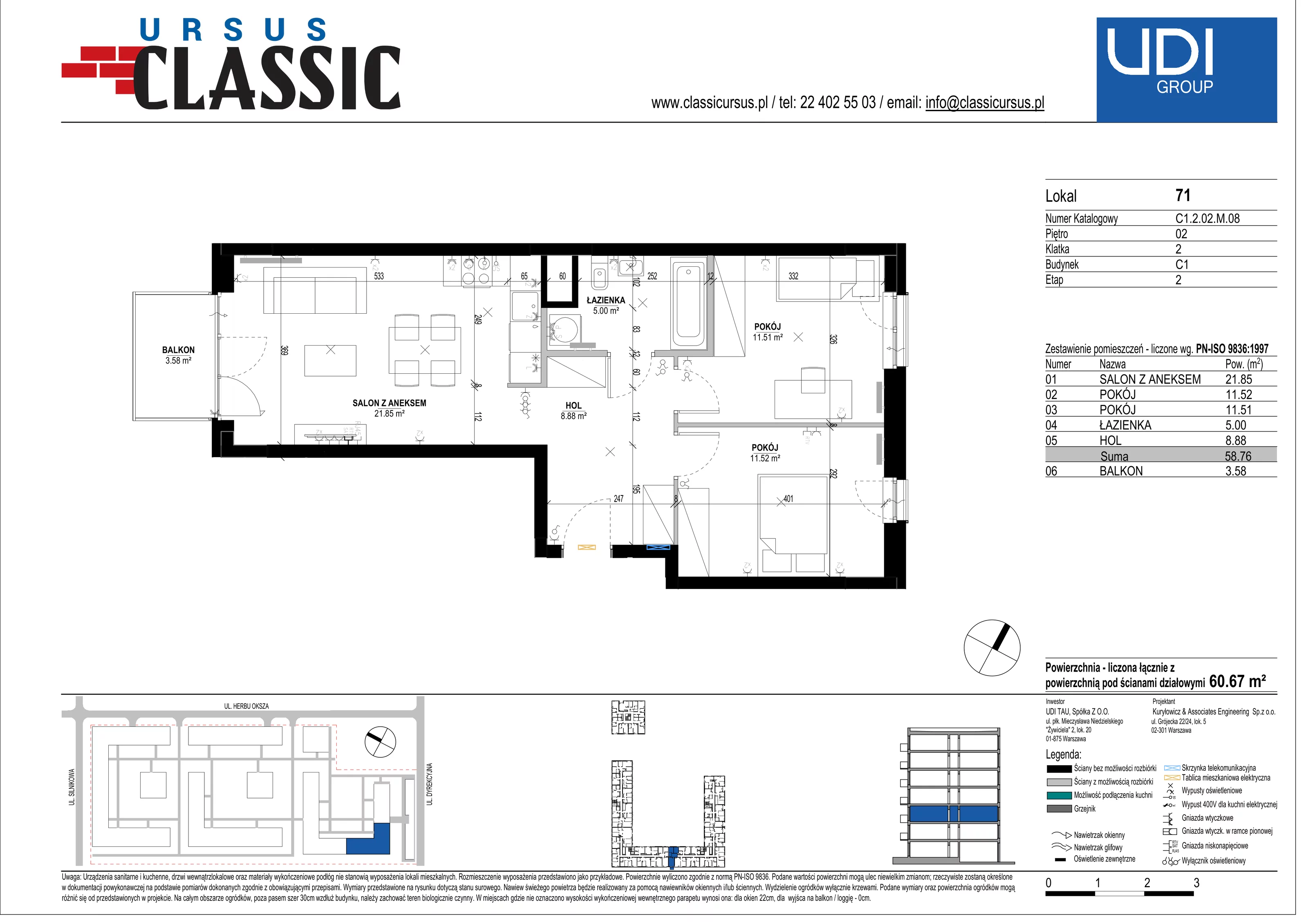3 pokoje, mieszkanie 60,67 m², piętro 2, oferta nr C1/71, Classic Ursus, Warszawa, Ursus, Szamoty, ul. Dyrekcyjna