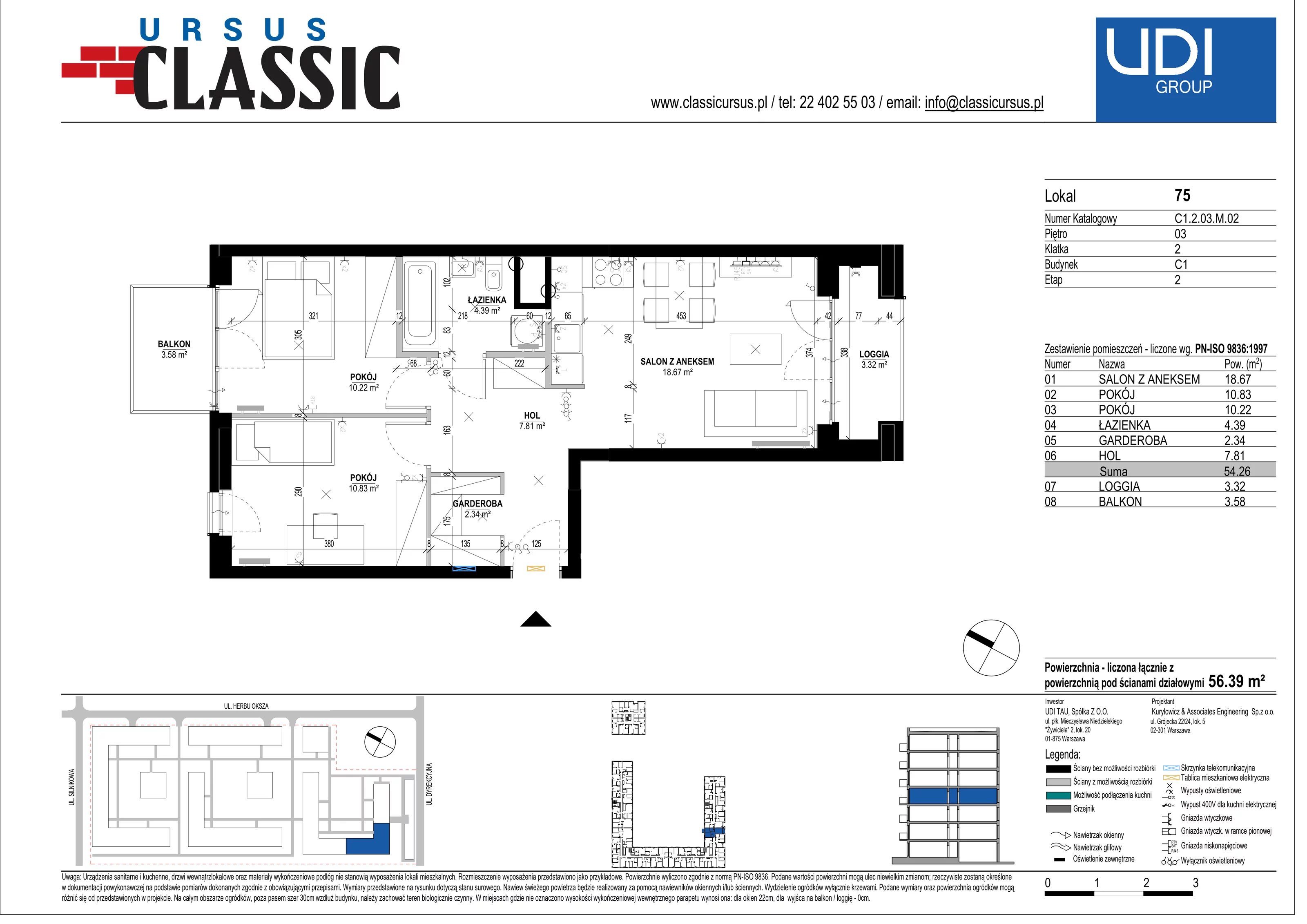 3 pokoje, mieszkanie 56,39 m², piętro 3, oferta nr C1/75, Classic Ursus, Warszawa, Ursus, Szamoty, ul. Dyrekcyjna