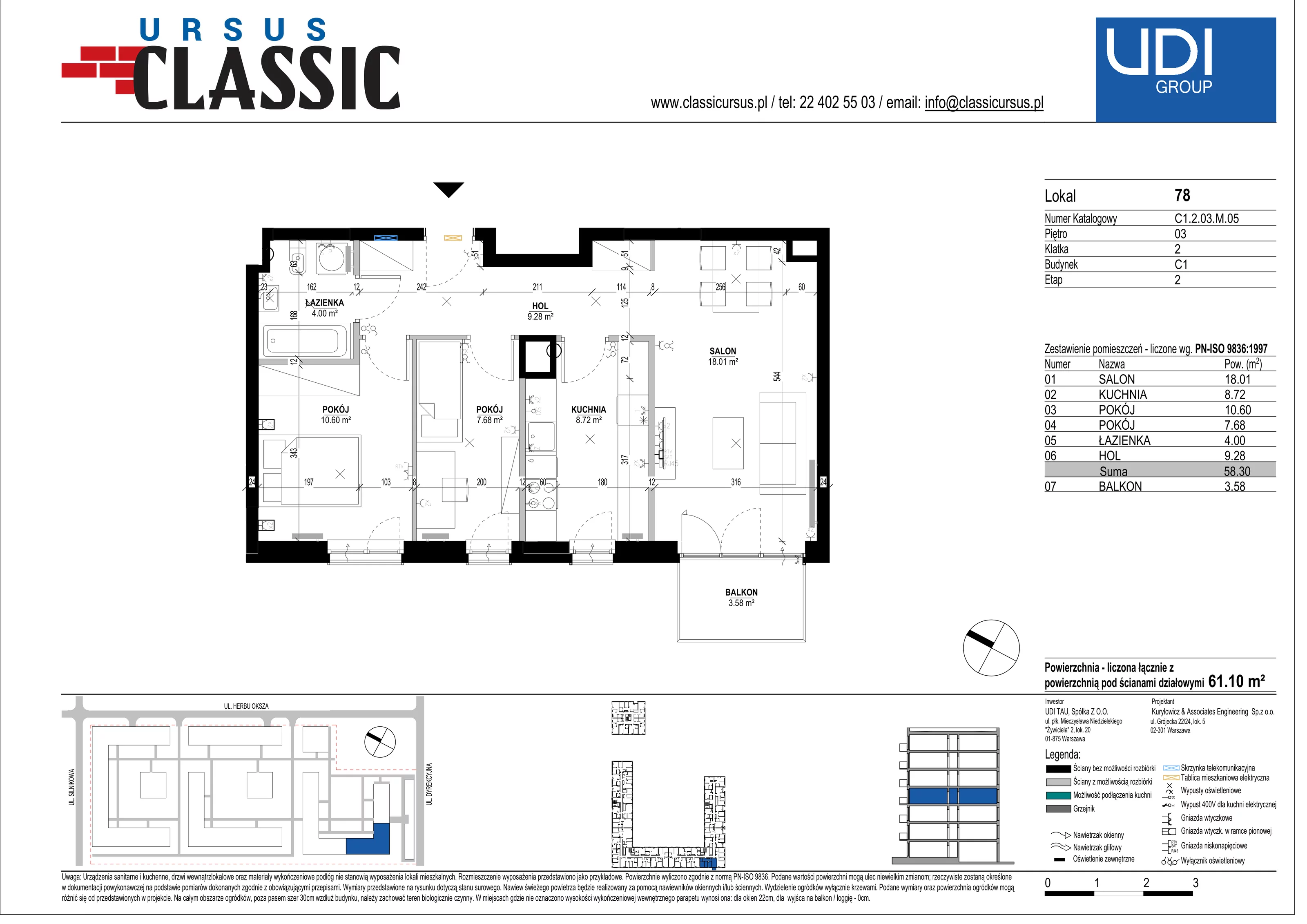3 pokoje, mieszkanie 61,10 m², piętro 3, oferta nr C1/78, Classic Ursus, Warszawa, Ursus, Szamoty, ul. Dyrekcyjna