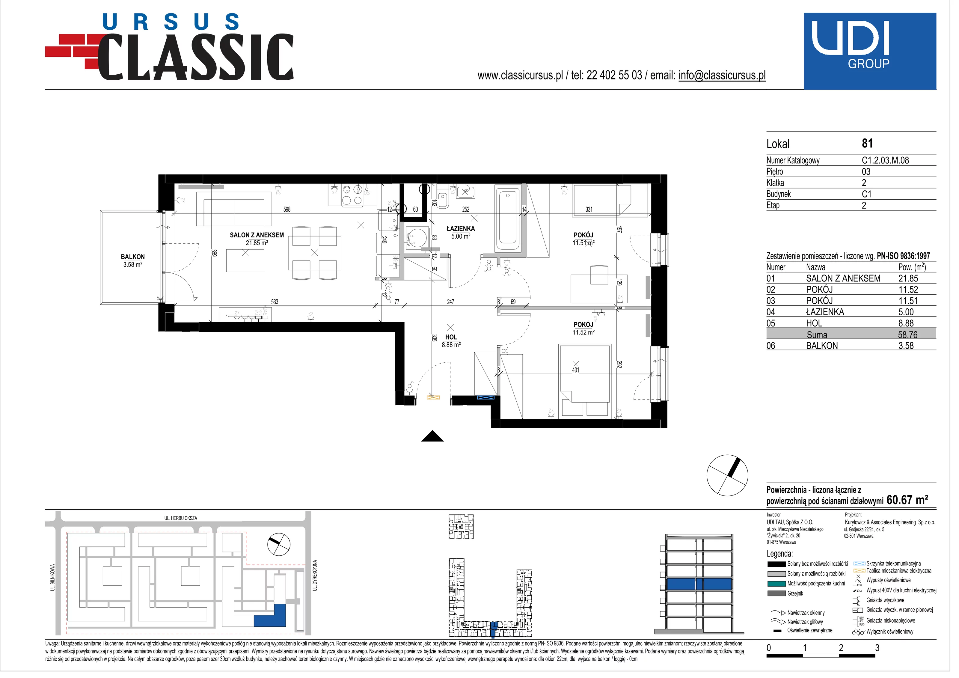 3 pokoje, mieszkanie 60,67 m², piętro 3, oferta nr C1/81, Classic Ursus, Warszawa, Ursus, Szamoty, ul. Dyrekcyjna