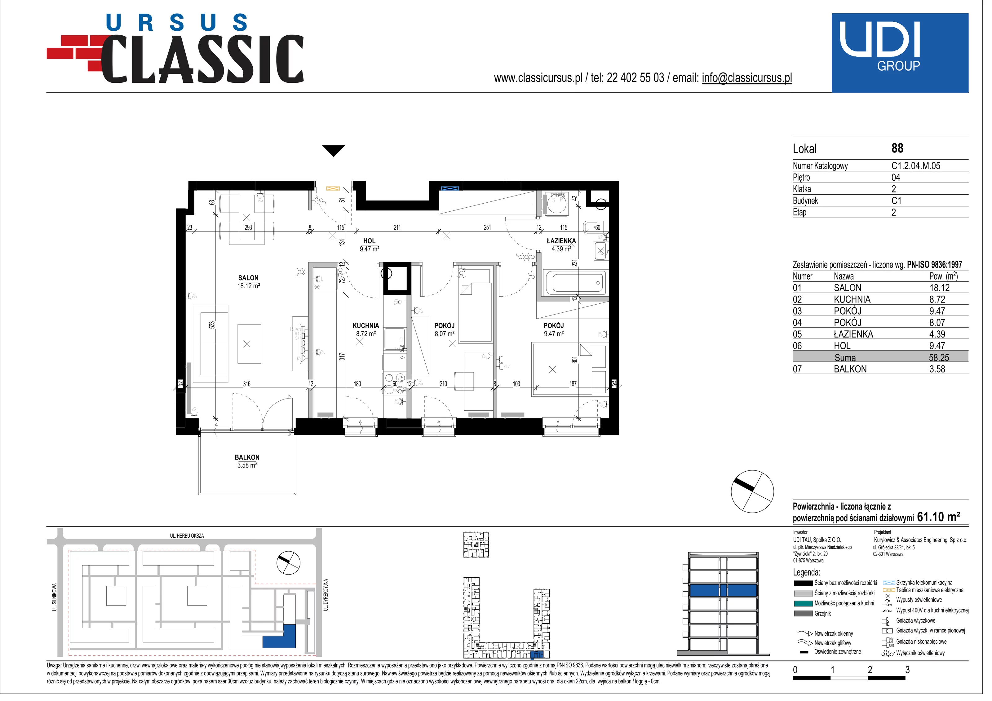 3 pokoje, mieszkanie 61,10 m², piętro 4, oferta nr C1/88, Classic Ursus, Warszawa, Ursus, Szamoty, ul. Dyrekcyjna
