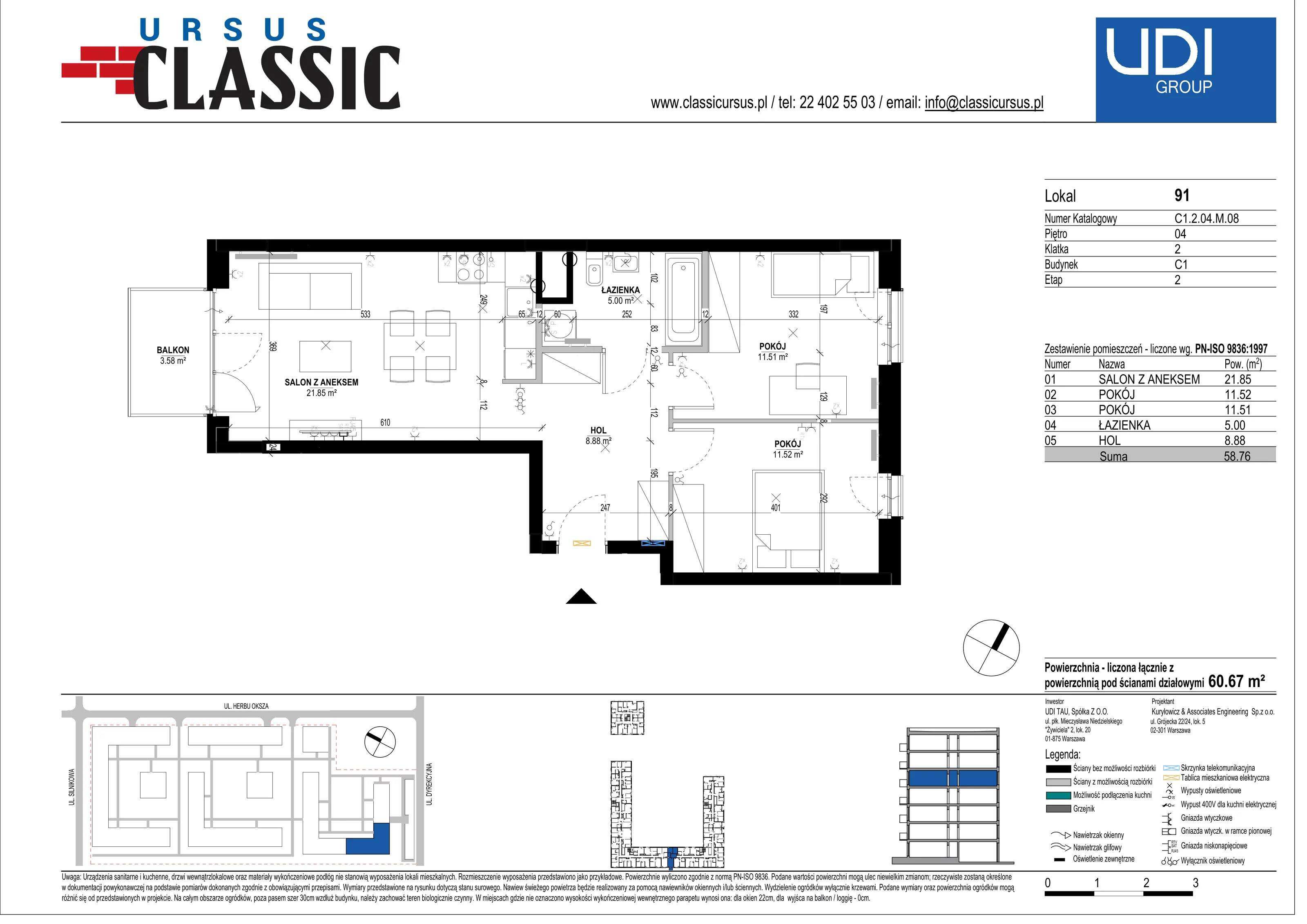 3 pokoje, mieszkanie 60,67 m², piętro 4, oferta nr C1/91, Classic Ursus, Warszawa, Ursus, Szamoty, ul. Dyrekcyjna