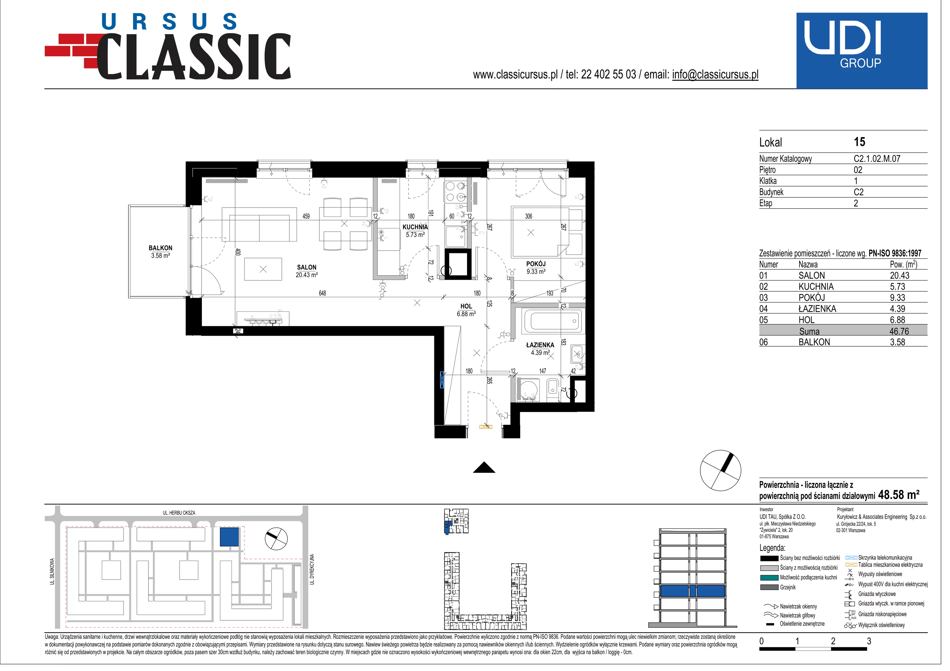 2 pokoje, mieszkanie 48,58 m², piętro 2, oferta nr C2/15, Classic Ursus, Warszawa, Ursus, Szamoty, ul. Dyrekcyjna