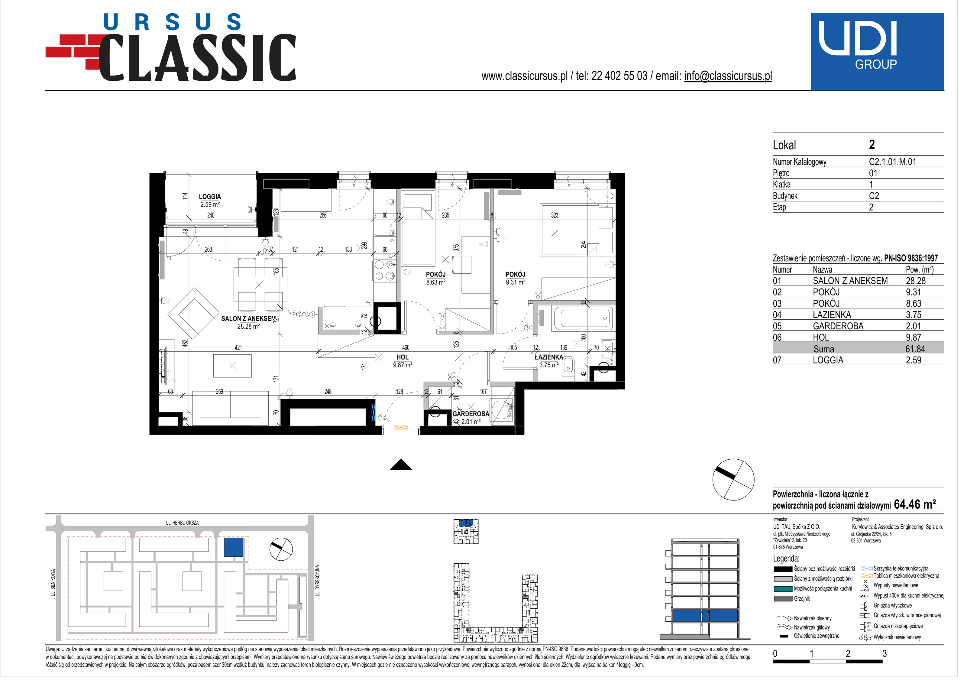 3 pokoje, mieszkanie 60,63 m², piętro 1, oferta nr C2/2, Classic Ursus, Warszawa, Ursus, Szamoty, ul. Dyrekcyjna