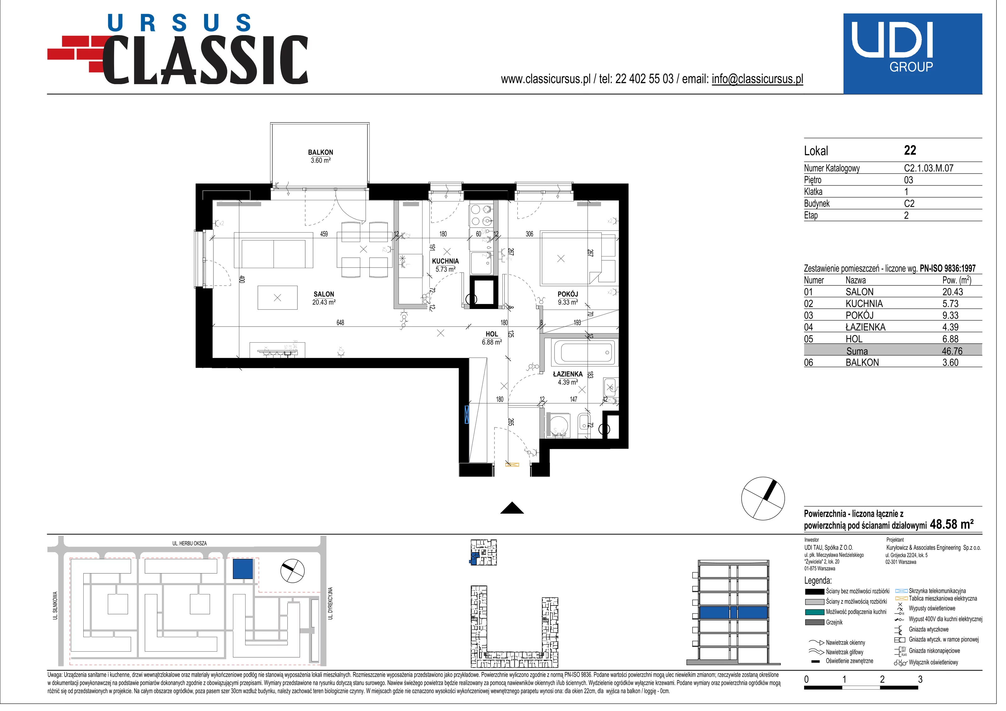 2 pokoje, mieszkanie 48,58 m², piętro 3, oferta nr C2/22, Classic Ursus, Warszawa, Ursus, Szamoty, ul. Dyrekcyjna