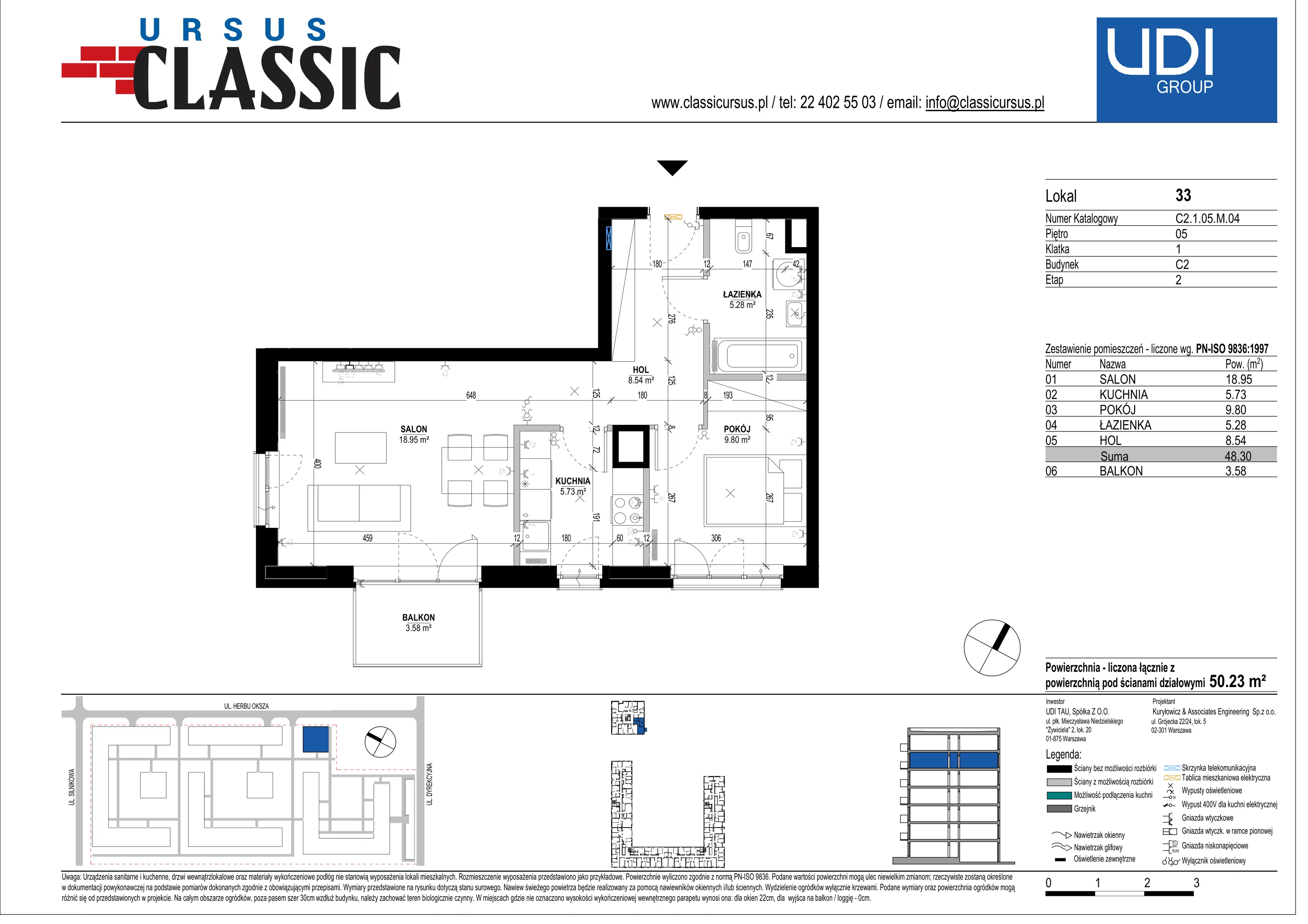2 pokoje, mieszkanie 50,23 m², piętro 5, oferta nr C2/33, Classic Ursus, Warszawa, Ursus, Szamoty, ul. Dyrekcyjna