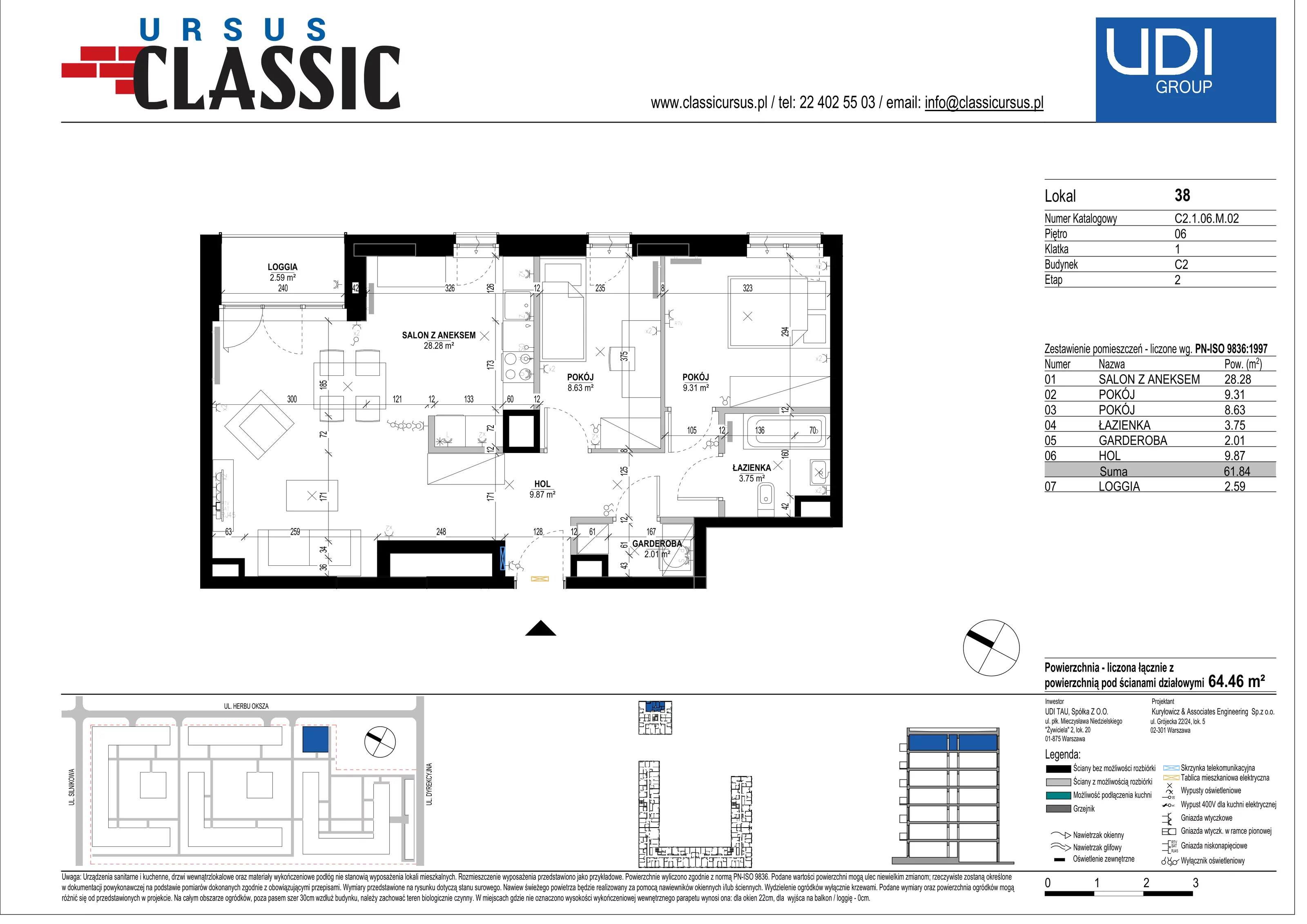 3 pokoje, mieszkanie 64,46 m², piętro 6, oferta nr C2/38, Classic Ursus, Warszawa, Ursus, Szamoty, ul. Dyrekcyjna