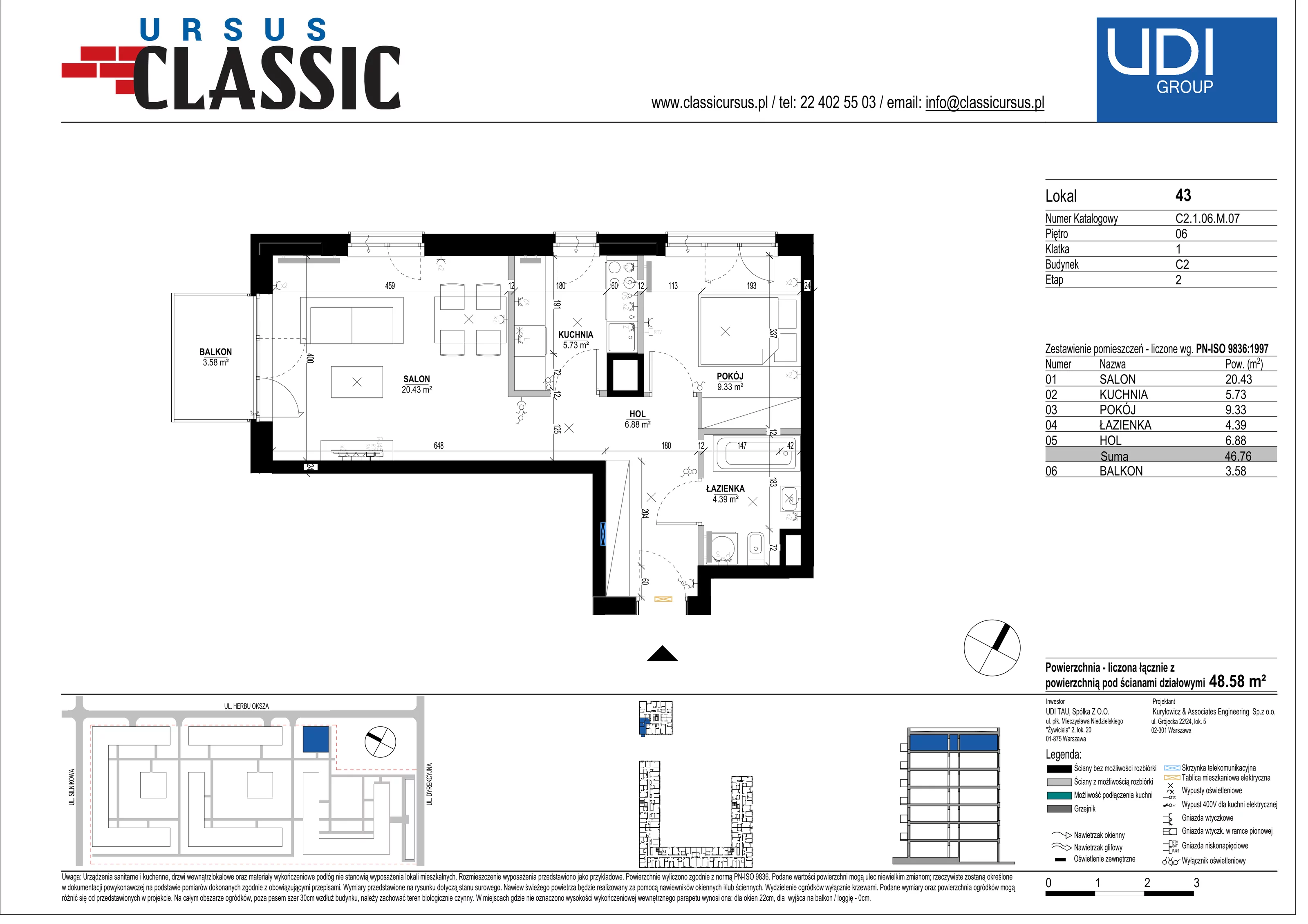 2 pokoje, mieszkanie 48,58 m², piętro 6, oferta nr C2/43, Classic Ursus, Warszawa, Ursus, Szamoty, ul. Dyrekcyjna