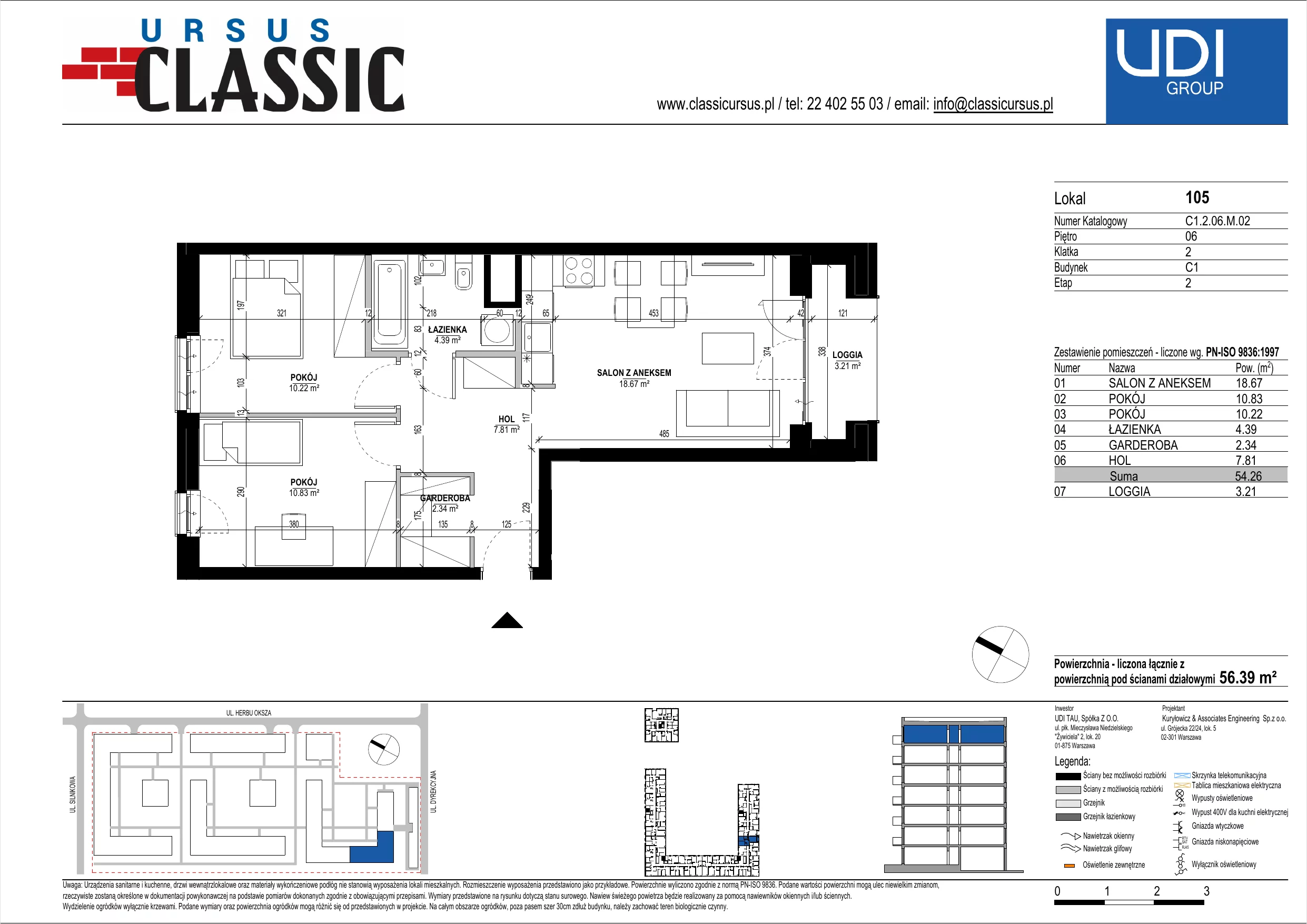 3 pokoje, mieszkanie 56,39 m², piętro 6, oferta nr C1/105, Classic Ursus, Warszawa, Ursus, Szamoty, ul. Dyrekcyjna