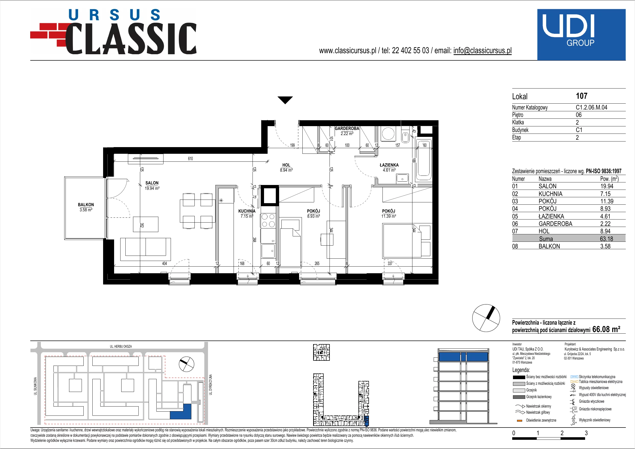 3 pokoje, mieszkanie 66,08 m², piętro 6, oferta nr C1/107, Classic Ursus, Warszawa, Ursus, Szamoty, ul. Dyrekcyjna