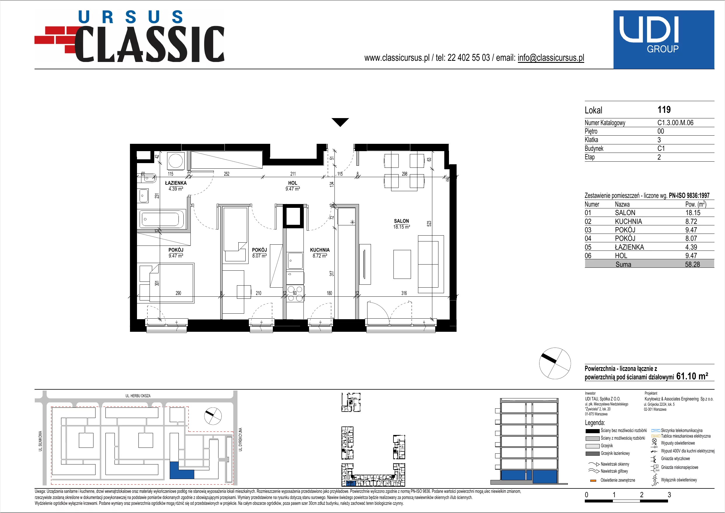 3 pokoje, mieszkanie 61,10 m², parter, oferta nr C1/119, Classic Ursus, Warszawa, Ursus, Szamoty, ul. Dyrekcyjna