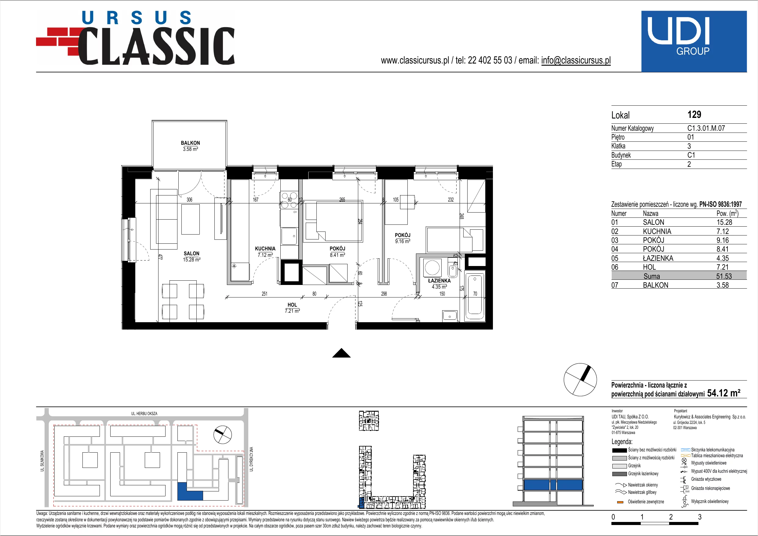 3 pokoje, mieszkanie 54,12 m², piętro 1, oferta nr C1/129, Classic Ursus, Warszawa, Ursus, Szamoty, ul. Dyrekcyjna