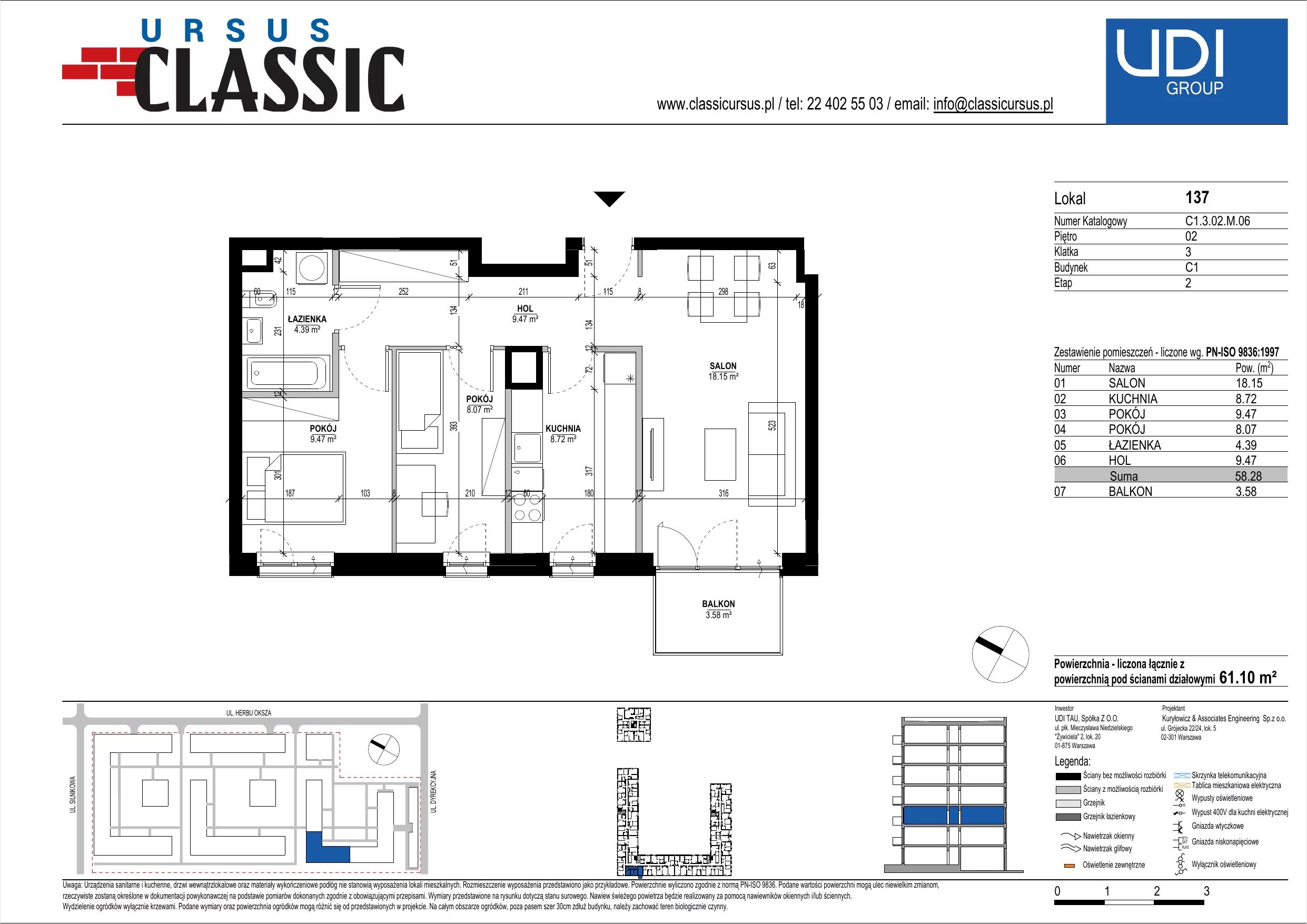 3 pokoje, mieszkanie 61,10 m², piętro 2, oferta nr C1/137, Classic Ursus, Warszawa, Ursus, Szamoty, ul. Dyrekcyjna