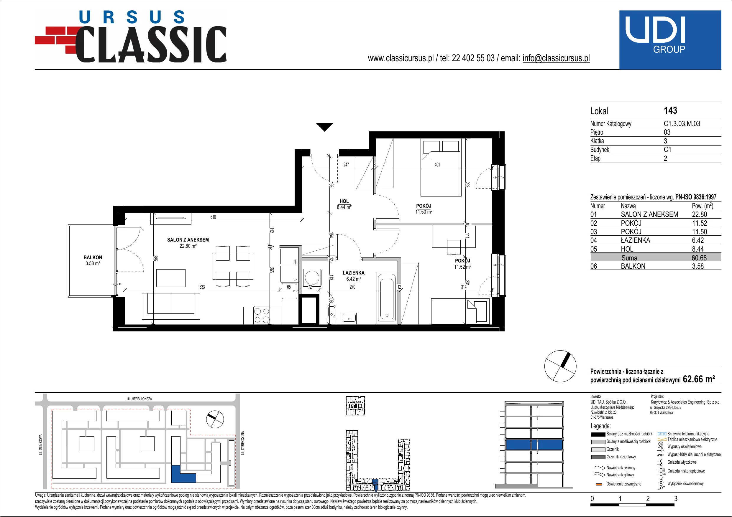 3 pokoje, mieszkanie 62,66 m², piętro 3, oferta nr C1/143, Classic Ursus, Warszawa, Ursus, Szamoty, ul. Dyrekcyjna