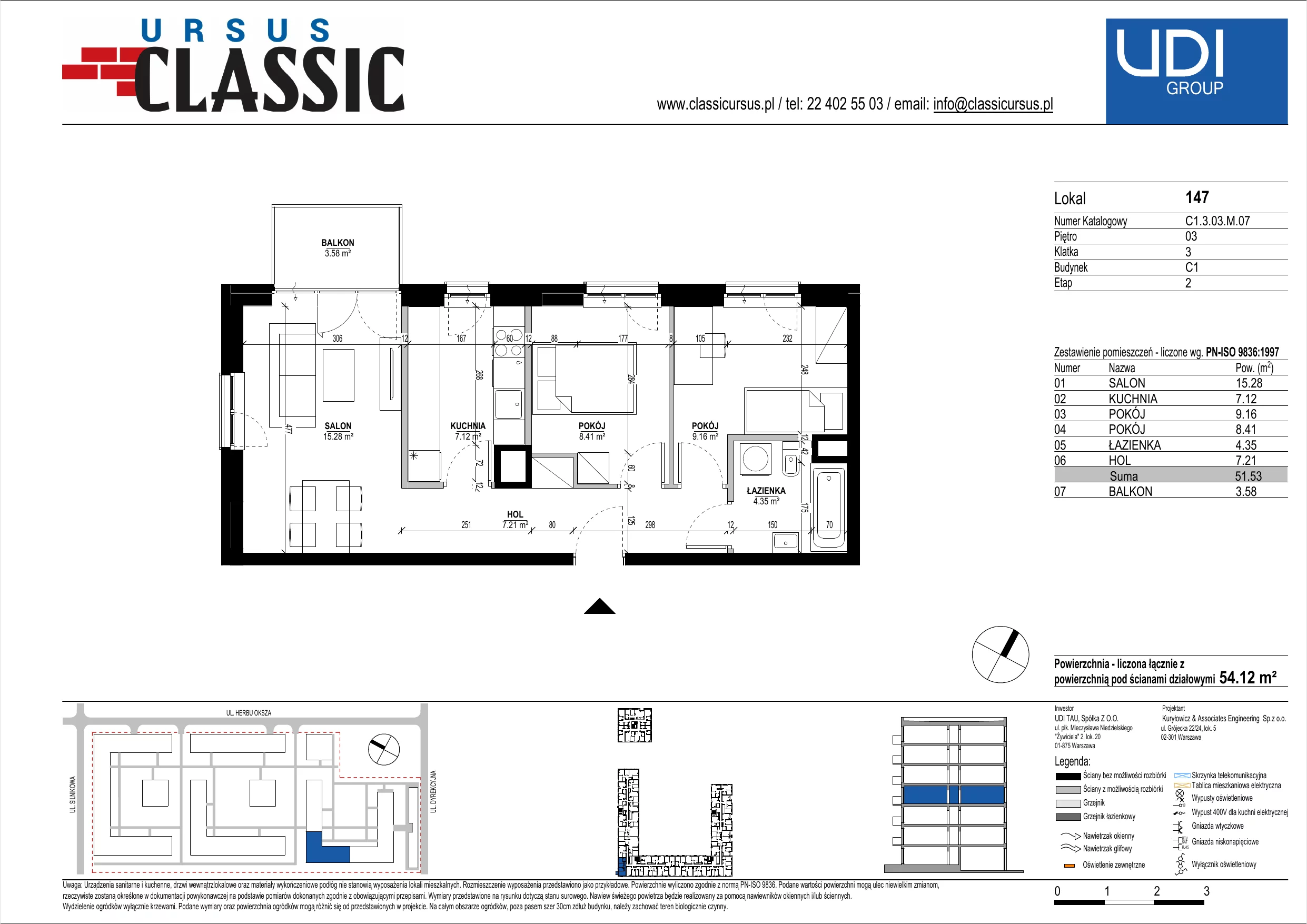 3 pokoje, mieszkanie 54,12 m², piętro 3, oferta nr C1/147, Classic Ursus, Warszawa, Ursus, Szamoty, ul. Dyrekcyjna