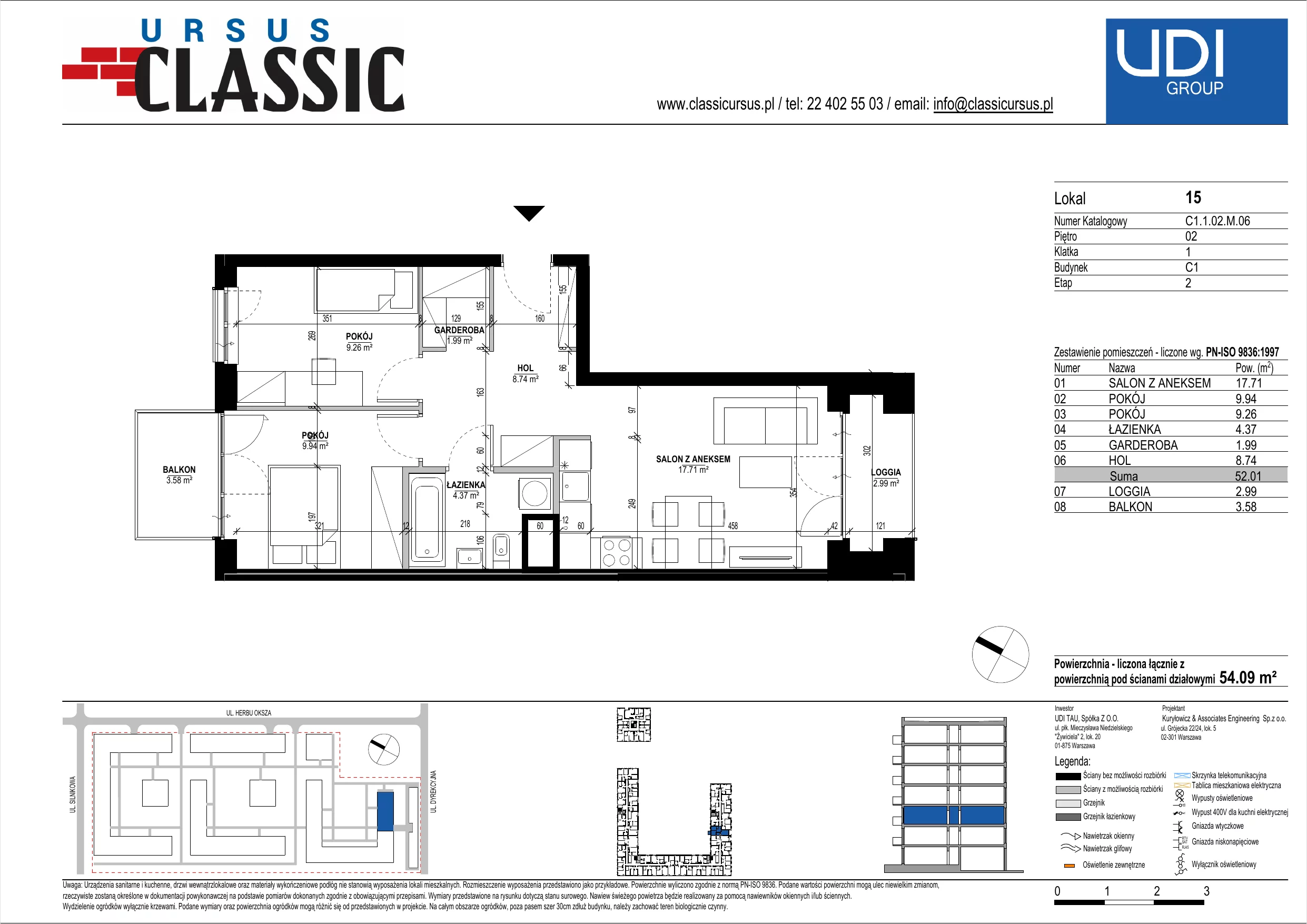 3 pokoje, mieszkanie 54,09 m², piętro 2, oferta nr C1/15, Classic Ursus, Warszawa, Ursus, Szamoty, ul. Dyrekcyjna