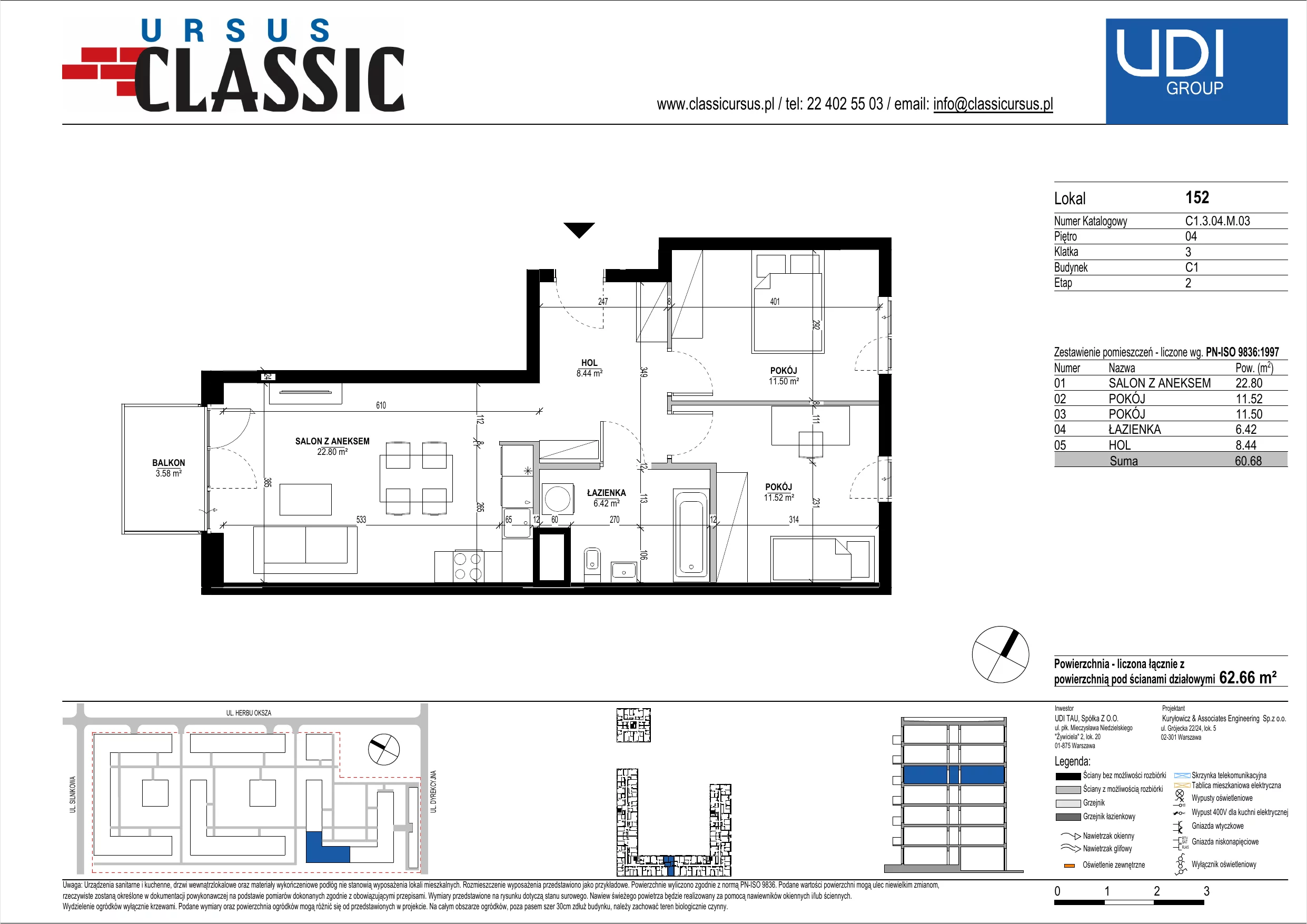 3 pokoje, mieszkanie 62,66 m², piętro 4, oferta nr C1/152, Classic Ursus, Warszawa, Ursus, Szamoty, ul. Dyrekcyjna