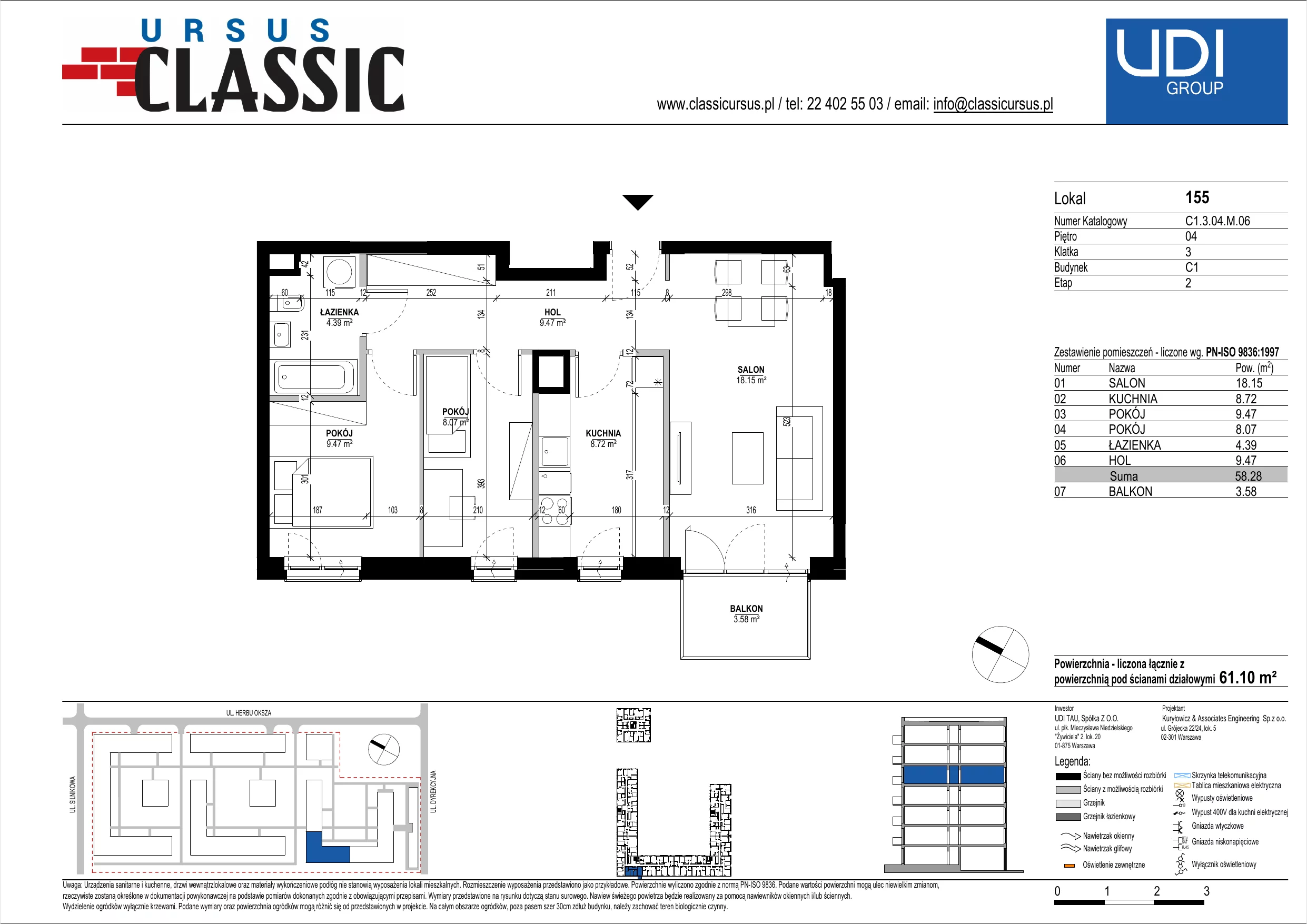 3 pokoje, mieszkanie 61,10 m², piętro 4, oferta nr C1/155, Classic Ursus, Warszawa, Ursus, Szamoty, ul. Dyrekcyjna