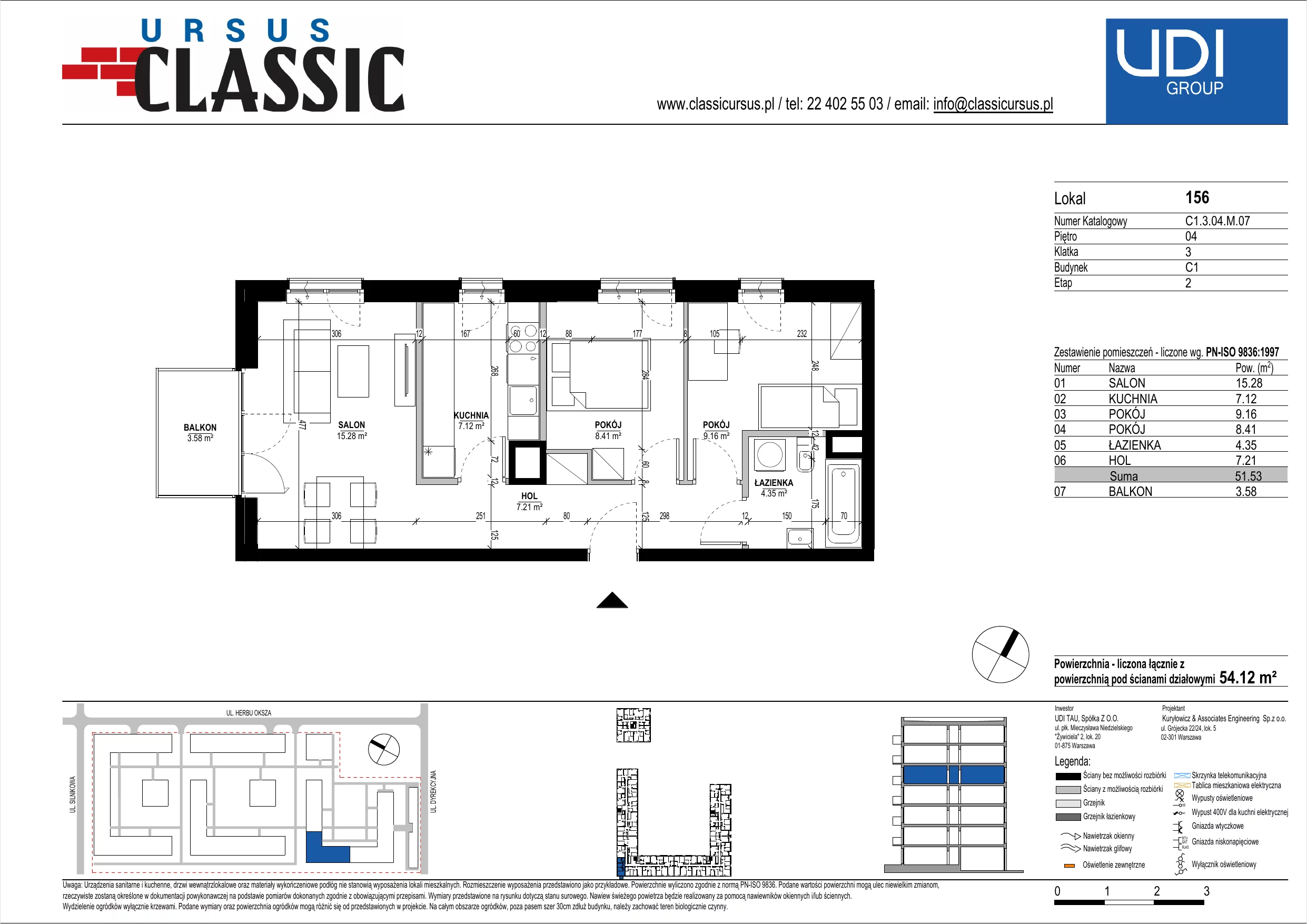 3 pokoje, mieszkanie 54,12 m², piętro 4, oferta nr C1/156, Classic Ursus, Warszawa, Ursus, Szamoty, ul. Dyrekcyjna