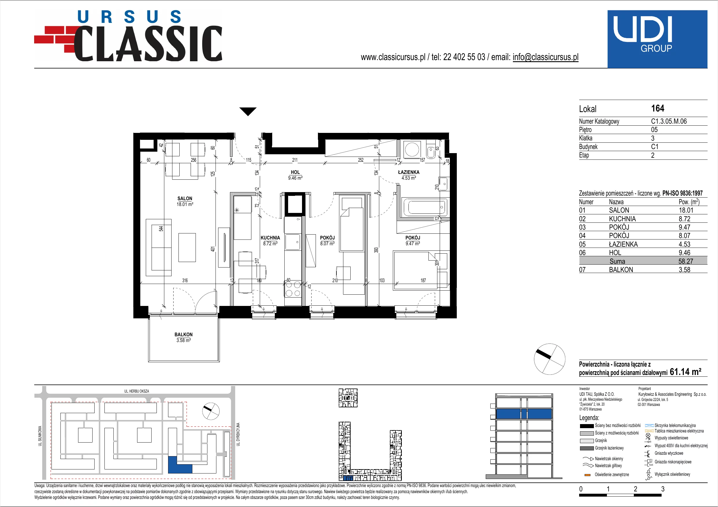 3 pokoje, mieszkanie 61,14 m², piętro 5, oferta nr C1/164, Classic Ursus, Warszawa, Ursus, Szamoty, ul. Dyrekcyjna