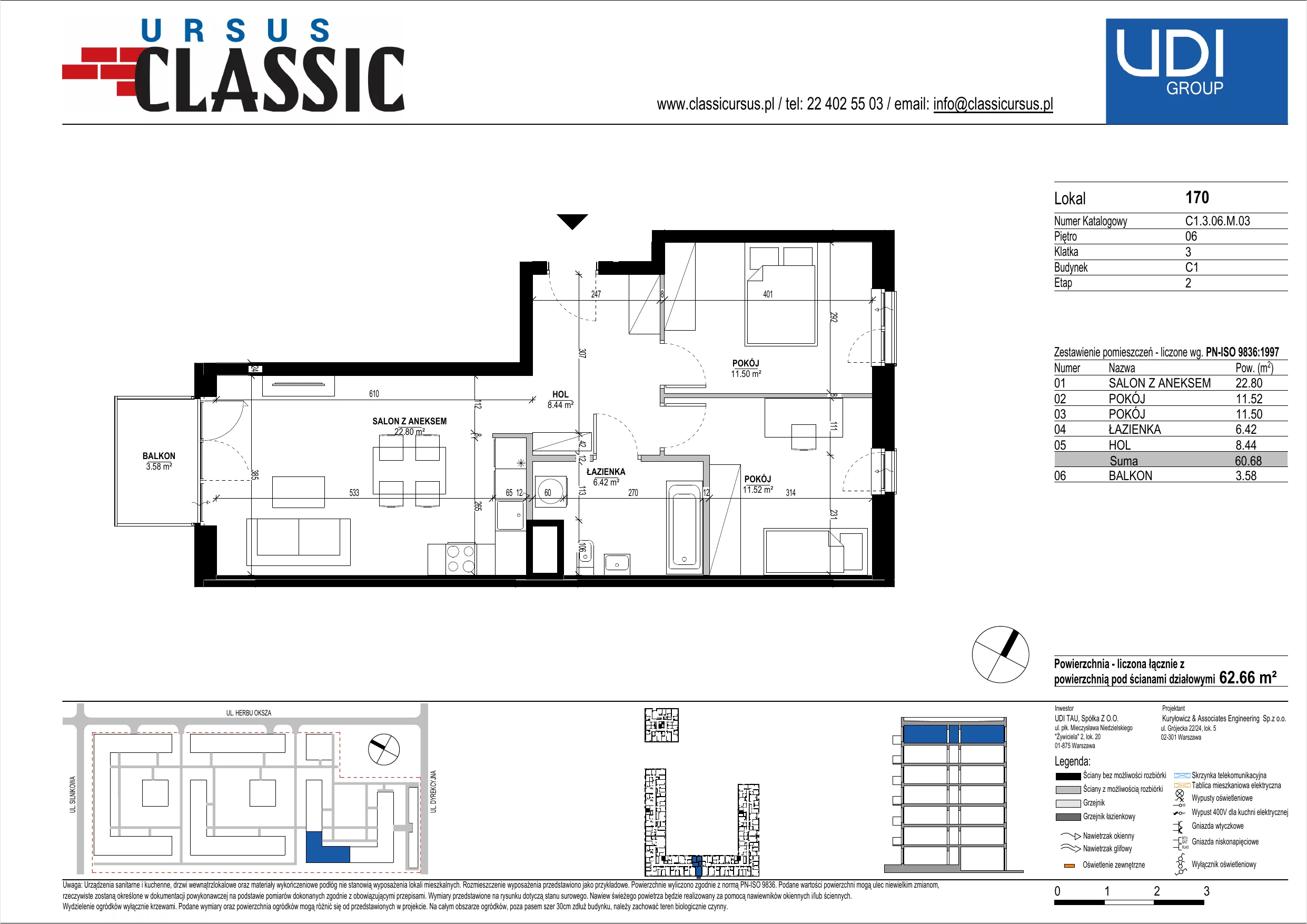 3 pokoje, mieszkanie 62,66 m², piętro 6, oferta nr C1/170, Classic Ursus, Warszawa, Ursus, Szamoty, ul. Dyrekcyjna