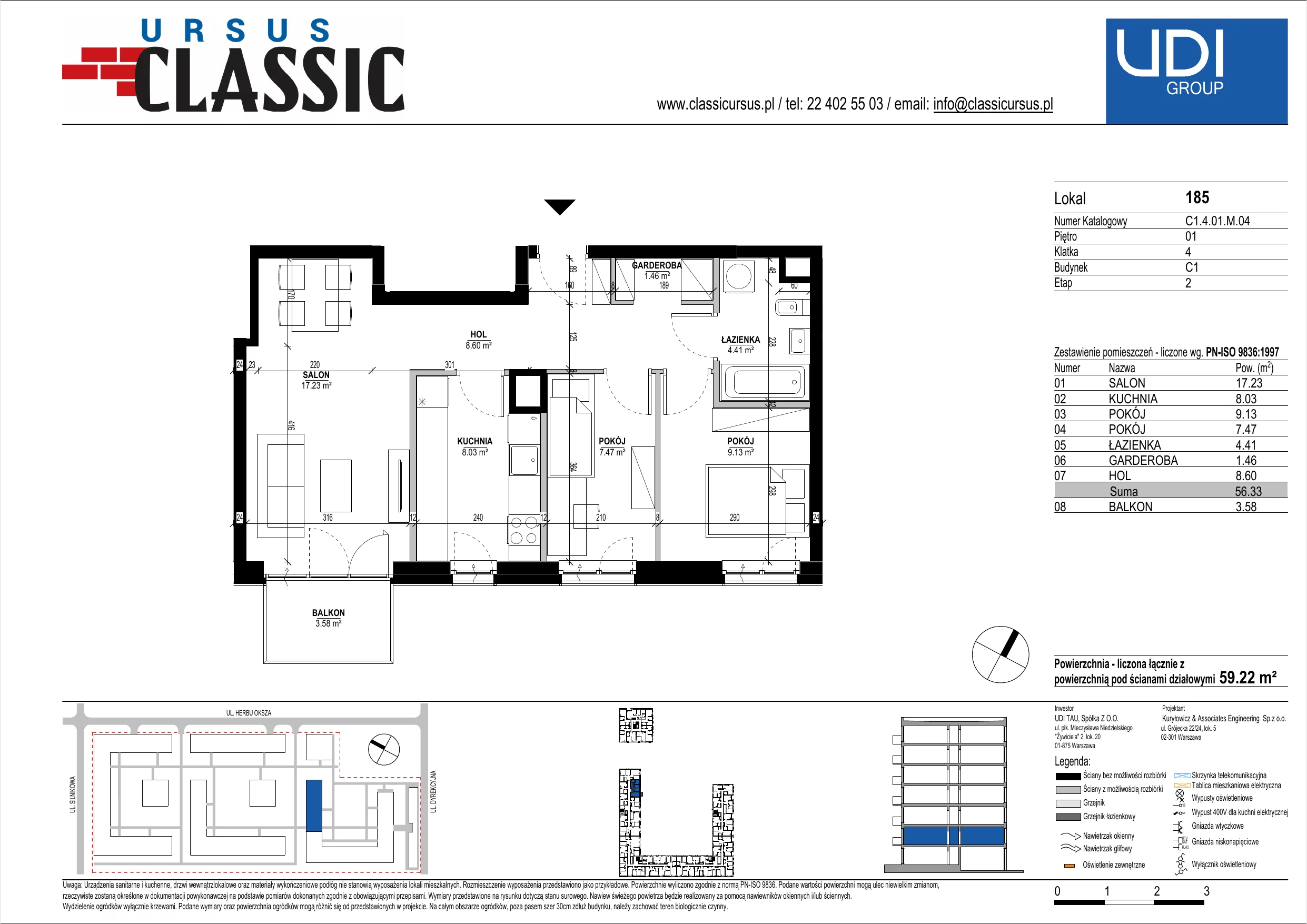 3 pokoje, mieszkanie 59,22 m², piętro 1, oferta nr C1/185, Classic Ursus, Warszawa, Ursus, Szamoty, ul. Dyrekcyjna