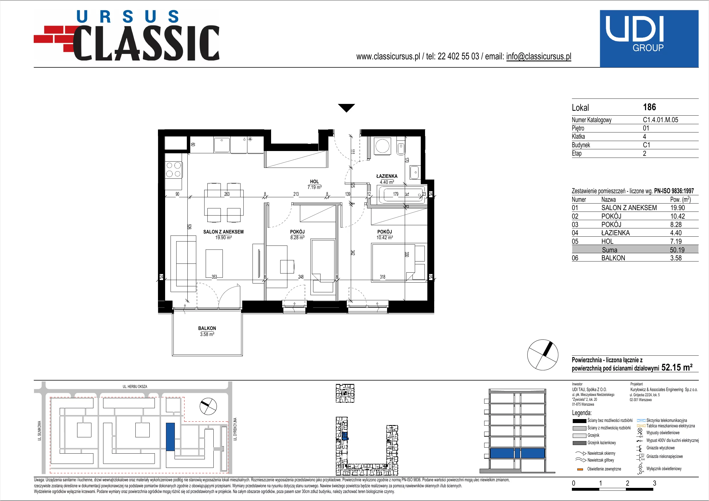 3 pokoje, mieszkanie 52,15 m², piętro 1, oferta nr C1/186, Classic Ursus, Warszawa, Ursus, Szamoty, ul. Dyrekcyjna