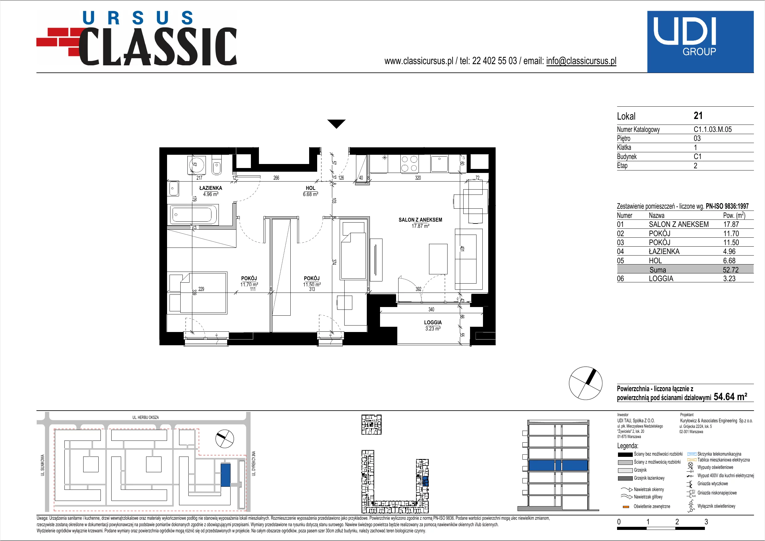3 pokoje, mieszkanie 54,64 m², piętro 3, oferta nr C1/21, Classic Ursus, Warszawa, Ursus, Szamoty, ul. Dyrekcyjna