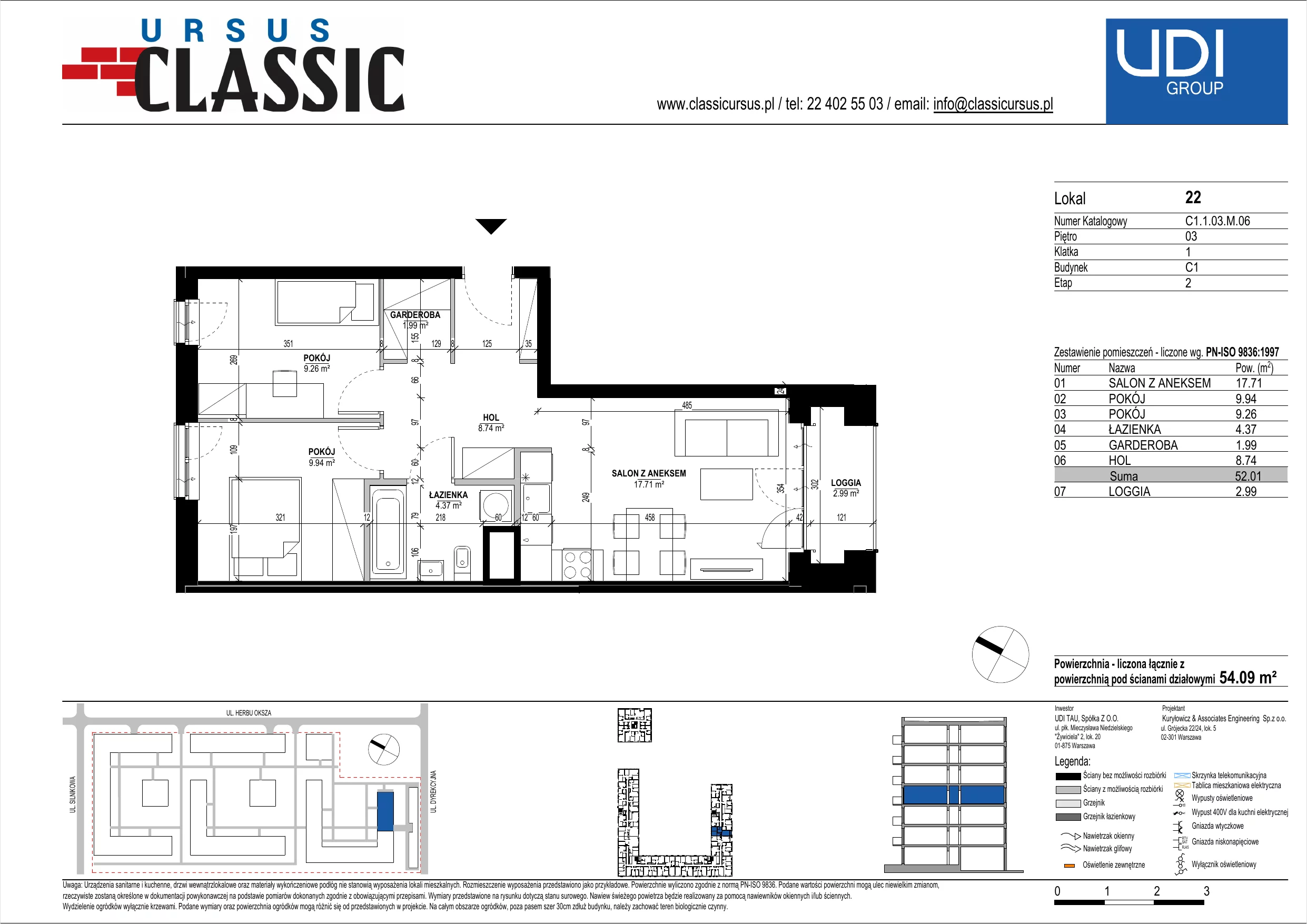 3 pokoje, mieszkanie 54,09 m², piętro 3, oferta nr C1/22, Classic Ursus, Warszawa, Ursus, Szamoty, ul. Dyrekcyjna