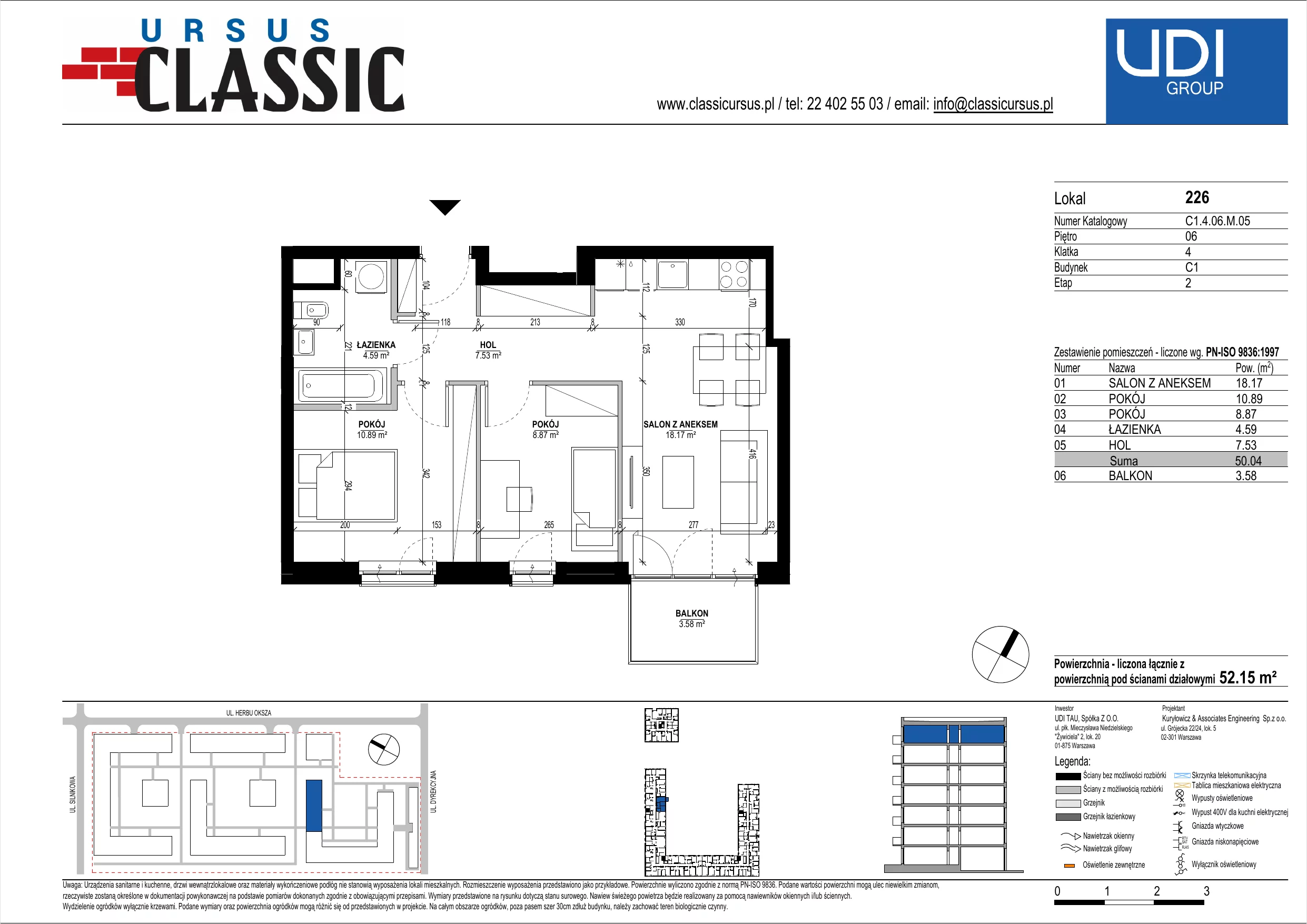 3 pokoje, mieszkanie 52,15 m², piętro 6, oferta nr C1/226, Classic Ursus, Warszawa, Ursus, Szamoty, ul. Dyrekcyjna