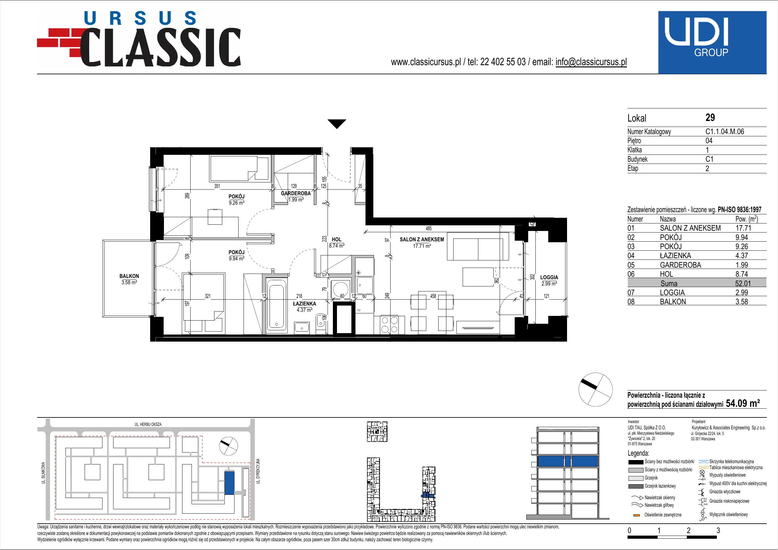3 pokoje, mieszkanie 54,09 m², piętro 4, oferta nr C1/29, Classic Ursus, Warszawa, Ursus, Szamoty, ul. Dyrekcyjna