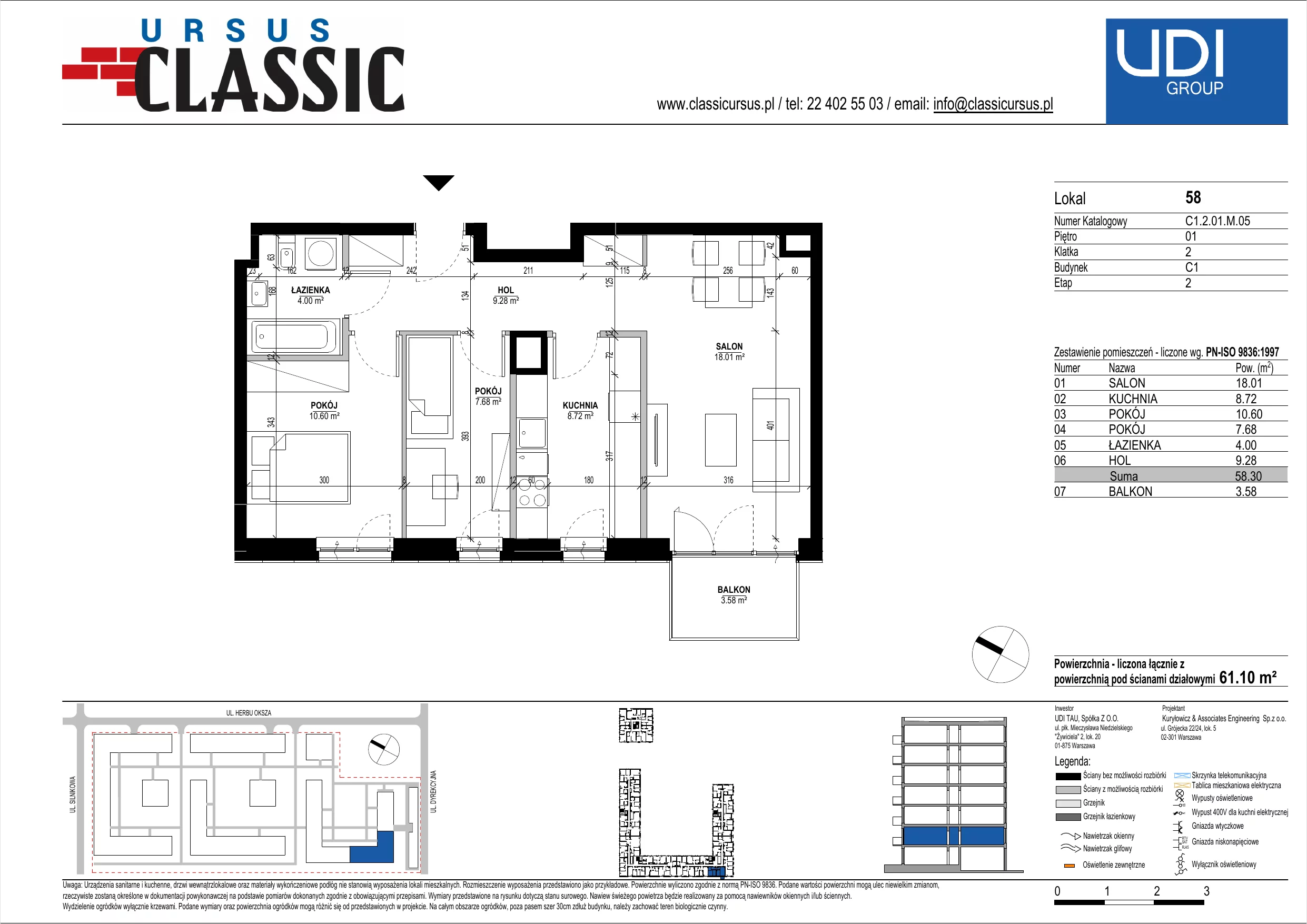 3 pokoje, mieszkanie 61,10 m², piętro 1, oferta nr C1/58, Classic Ursus, Warszawa, Ursus, Szamoty, ul. Dyrekcyjna