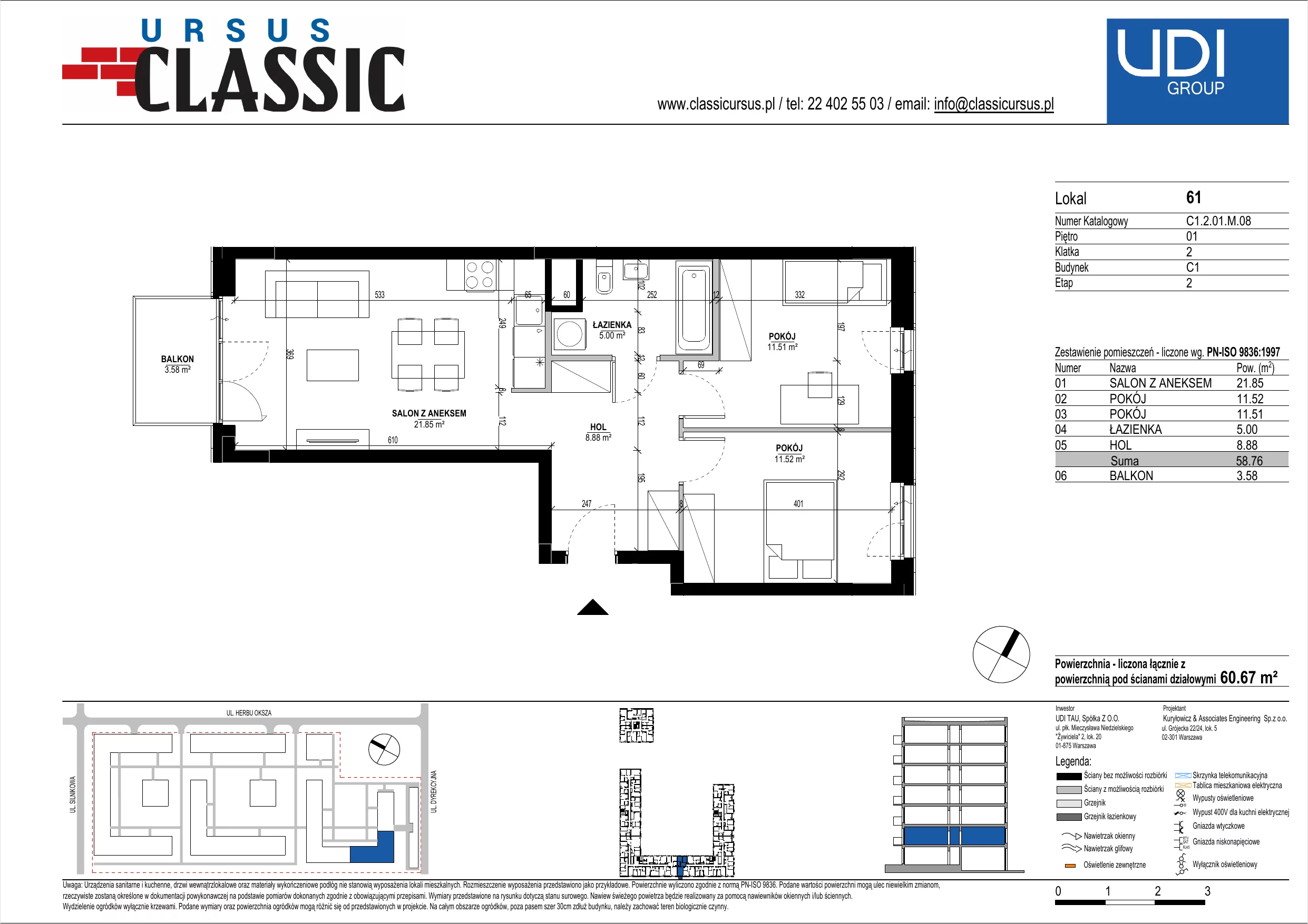 3 pokoje, mieszkanie 60,67 m², piętro 1, oferta nr C1/61, Classic Ursus, Warszawa, Ursus, Szamoty, ul. Dyrekcyjna