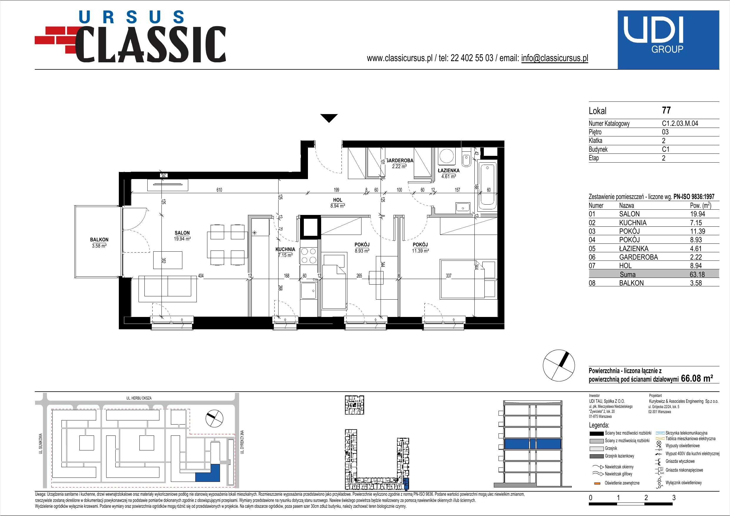 3 pokoje, mieszkanie 66,08 m², piętro 3, oferta nr C1/77, Classic Ursus, Warszawa, Ursus, Szamoty, ul. Dyrekcyjna
