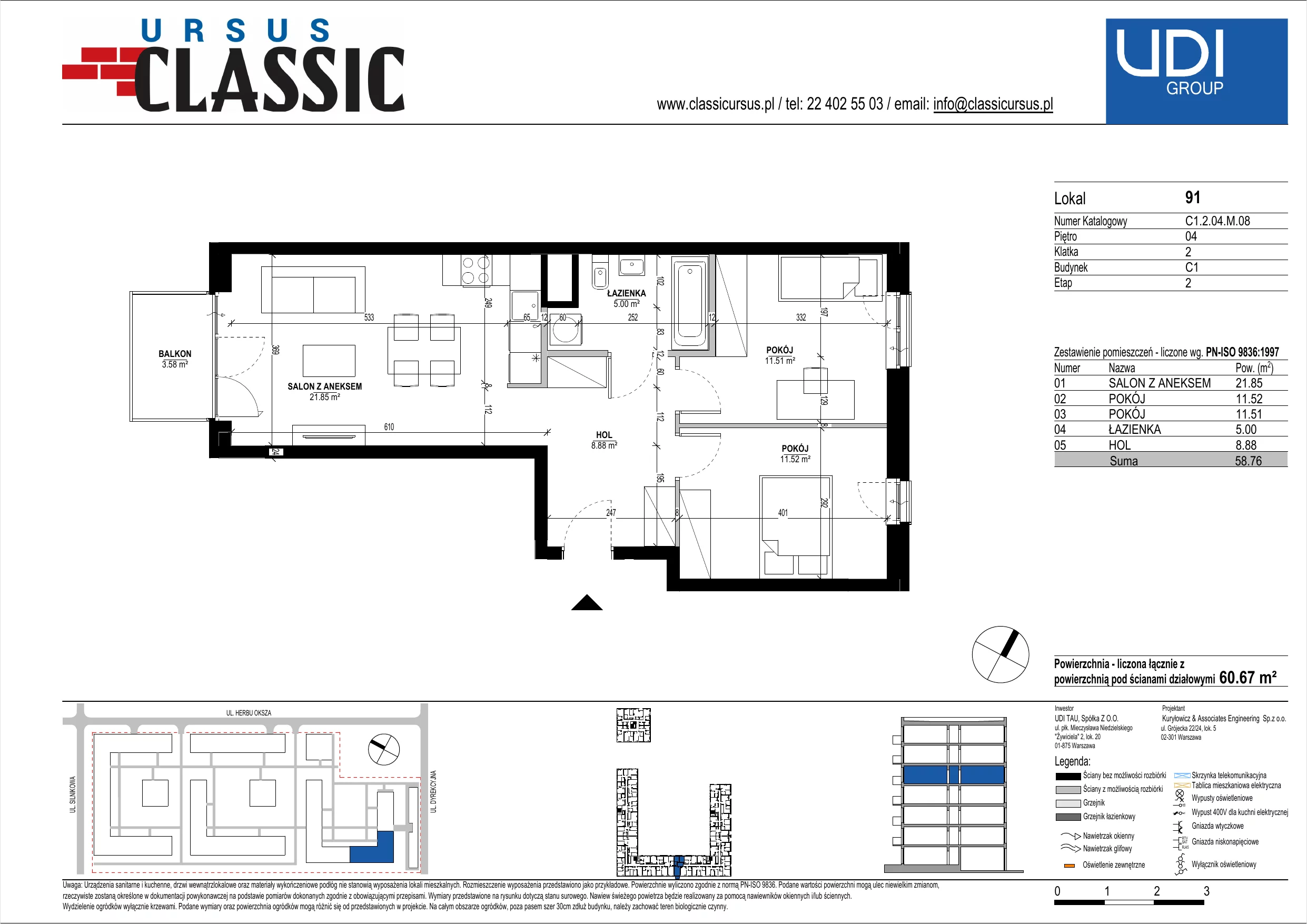 3 pokoje, mieszkanie 60,67 m², piętro 4, oferta nr C1/91, Classic Ursus, Warszawa, Ursus, Szamoty, ul. Dyrekcyjna