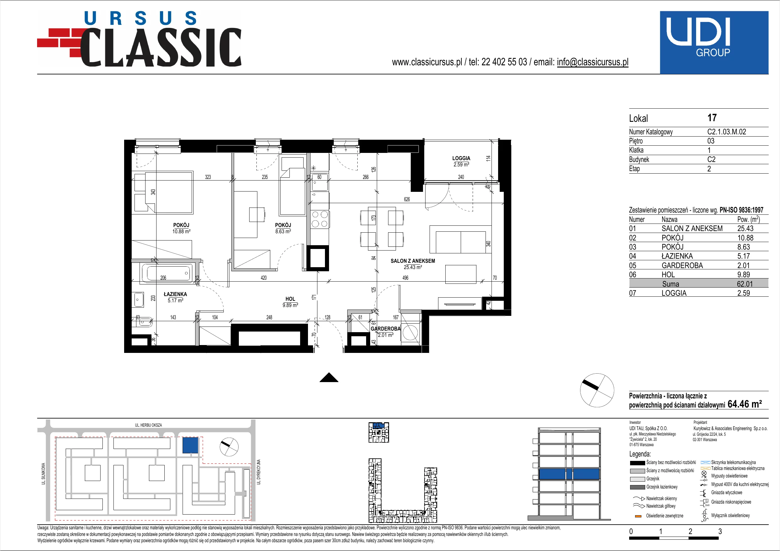 3 pokoje, mieszkanie 64,46 m², piętro 3, oferta nr C2/17, Classic Ursus, Warszawa, Ursus, Szamoty, ul. Dyrekcyjna