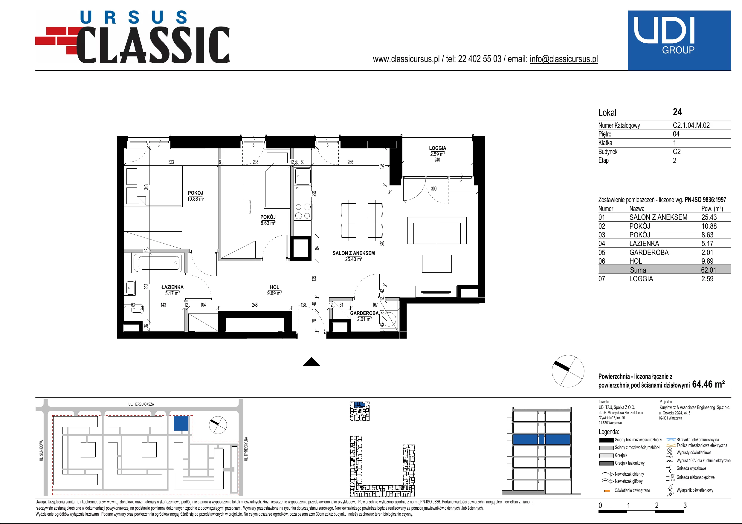 3 pokoje, mieszkanie 64,46 m², piętro 4, oferta nr C2/24, Classic Ursus, Warszawa, Ursus, Szamoty, ul. Dyrekcyjna