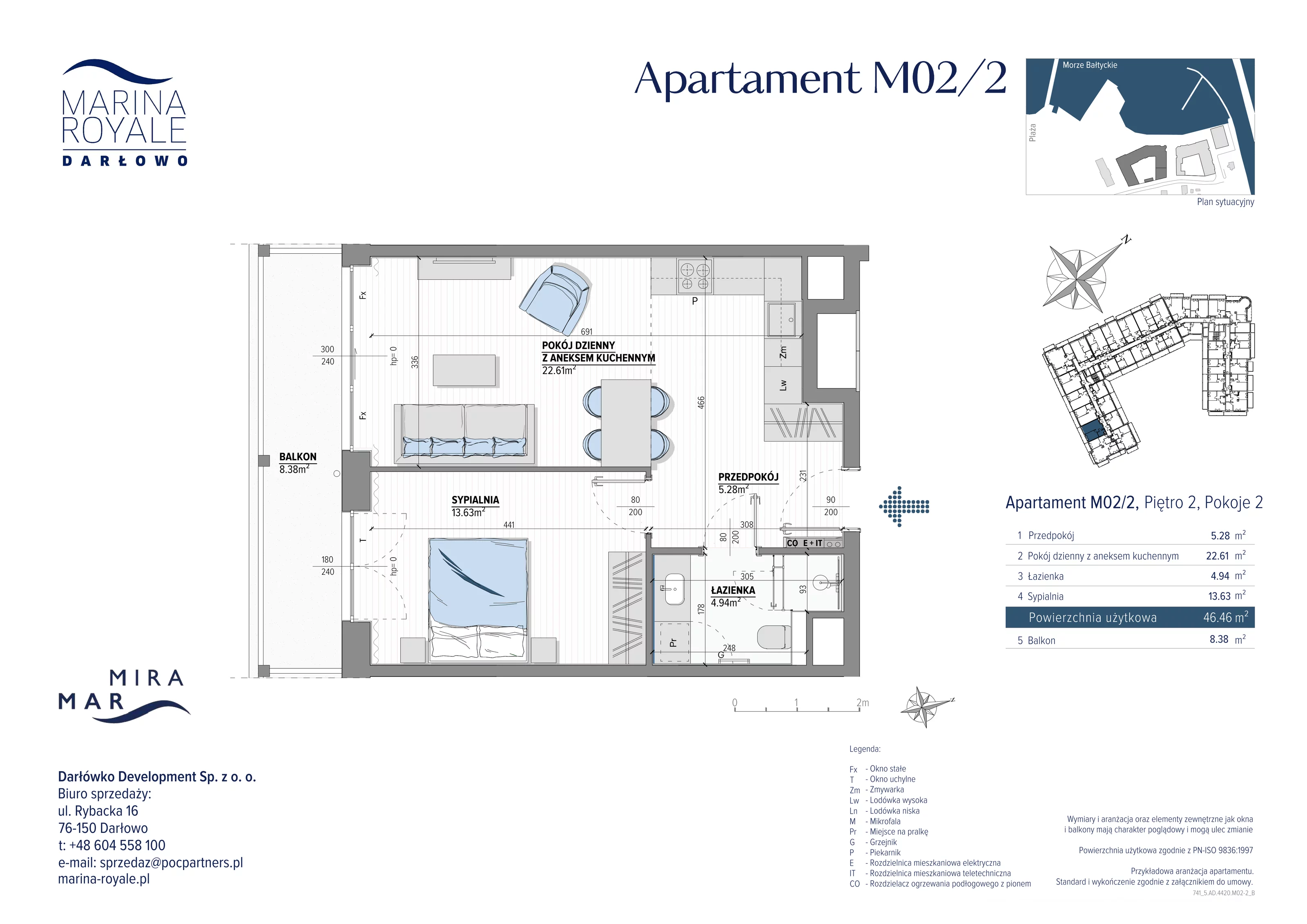 2 pokoje, apartament 46,46 m², piętro 2, oferta nr M02/2, Marina Royale, Darłowo, ul. Bulwar Zachodzącego Słońca 1