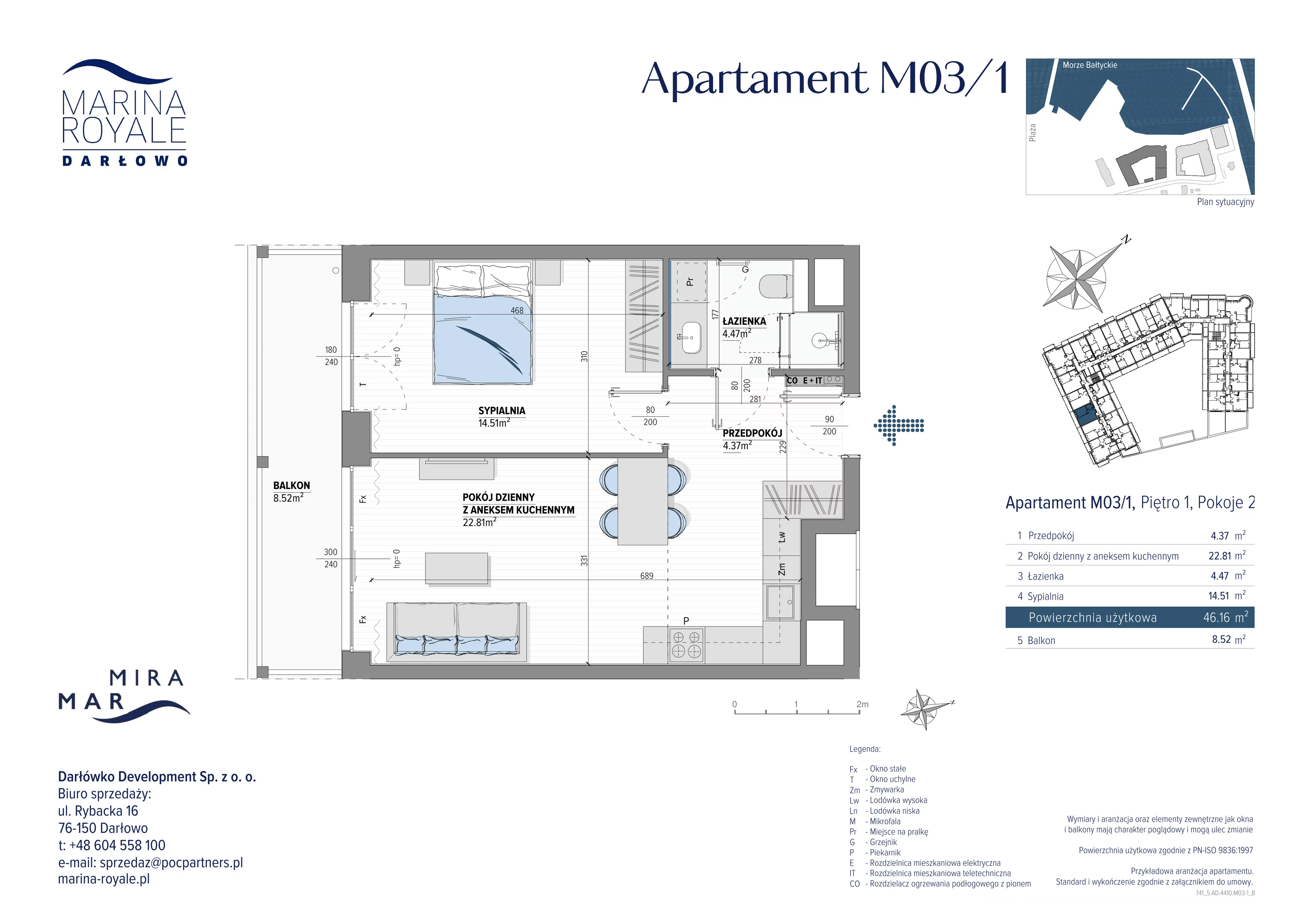 2 pokoje, apartament 46,16 m², piętro 1, oferta nr M03/1, Marina Royale, Darłowo, ul. Bulwar Zachodzącego Słońca 1