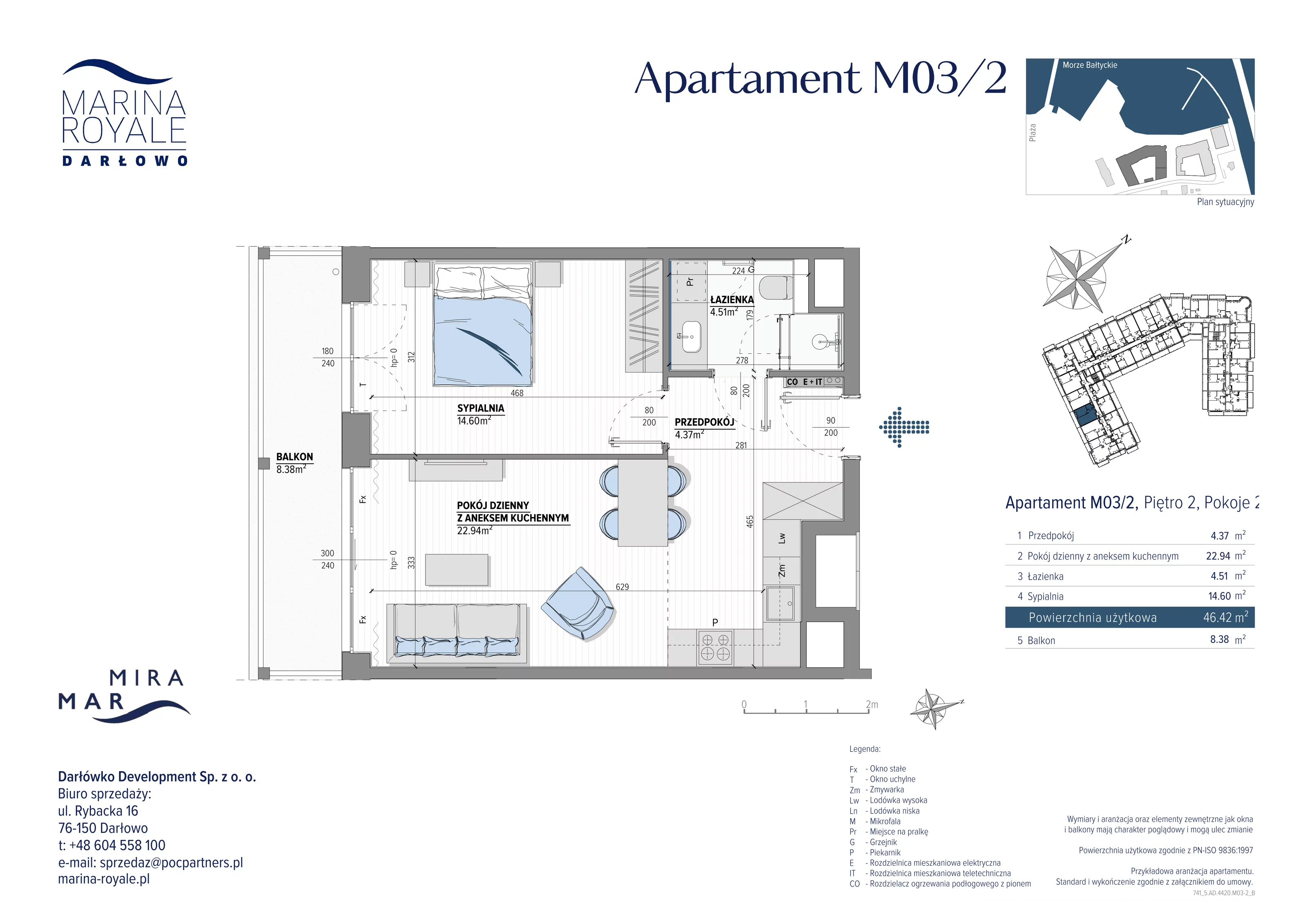 2 pokoje, apartament 46,42 m², piętro 2, oferta nr M03/2, Marina Royale, Darłowo, ul. Bulwar Zachodzącego Słońca 1