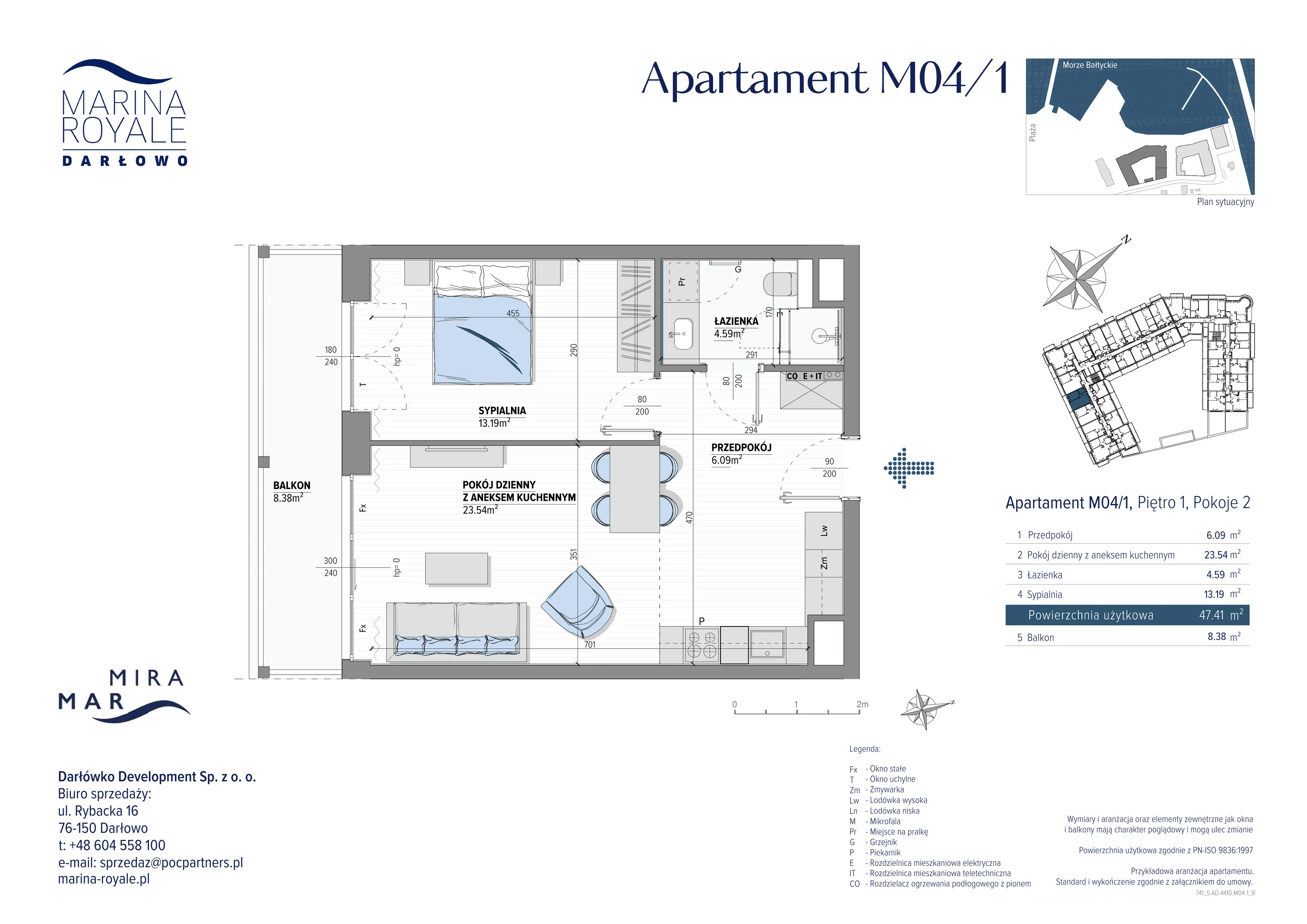 2 pokoje, apartament 47,41 m², piętro 1, oferta nr M04/1, Marina Royale, Darłowo, ul. Bulwar Zachodzącego Słońca 1
