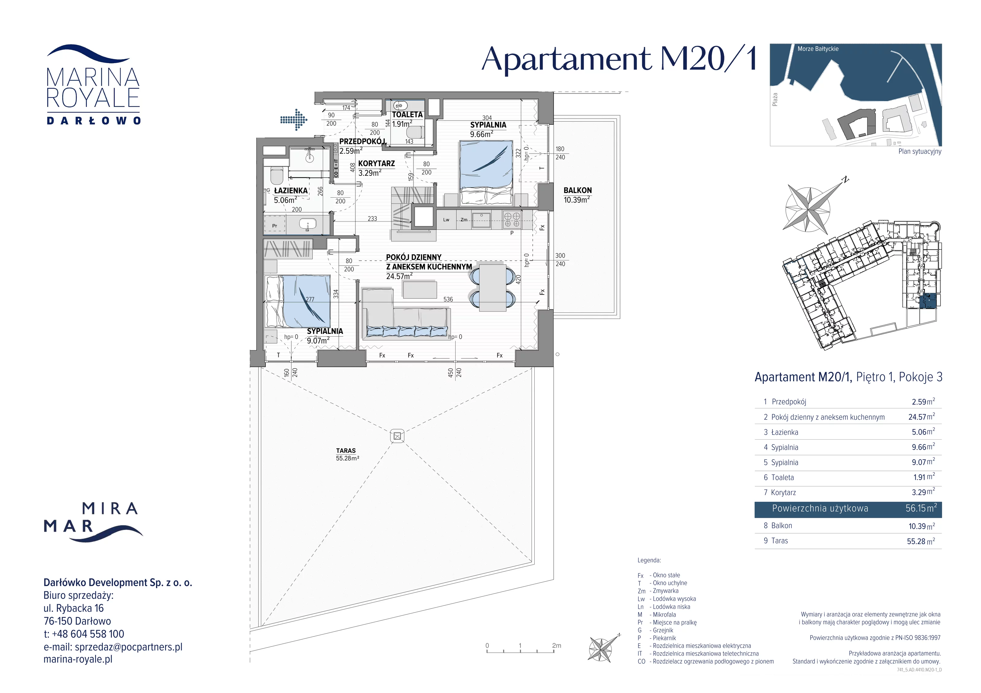 3 pokoje, apartament 56,15 m², piętro 1, oferta nr M20/1, Marina Royale, Darłowo, ul. Bulwar Zachodzącego Słońca 1