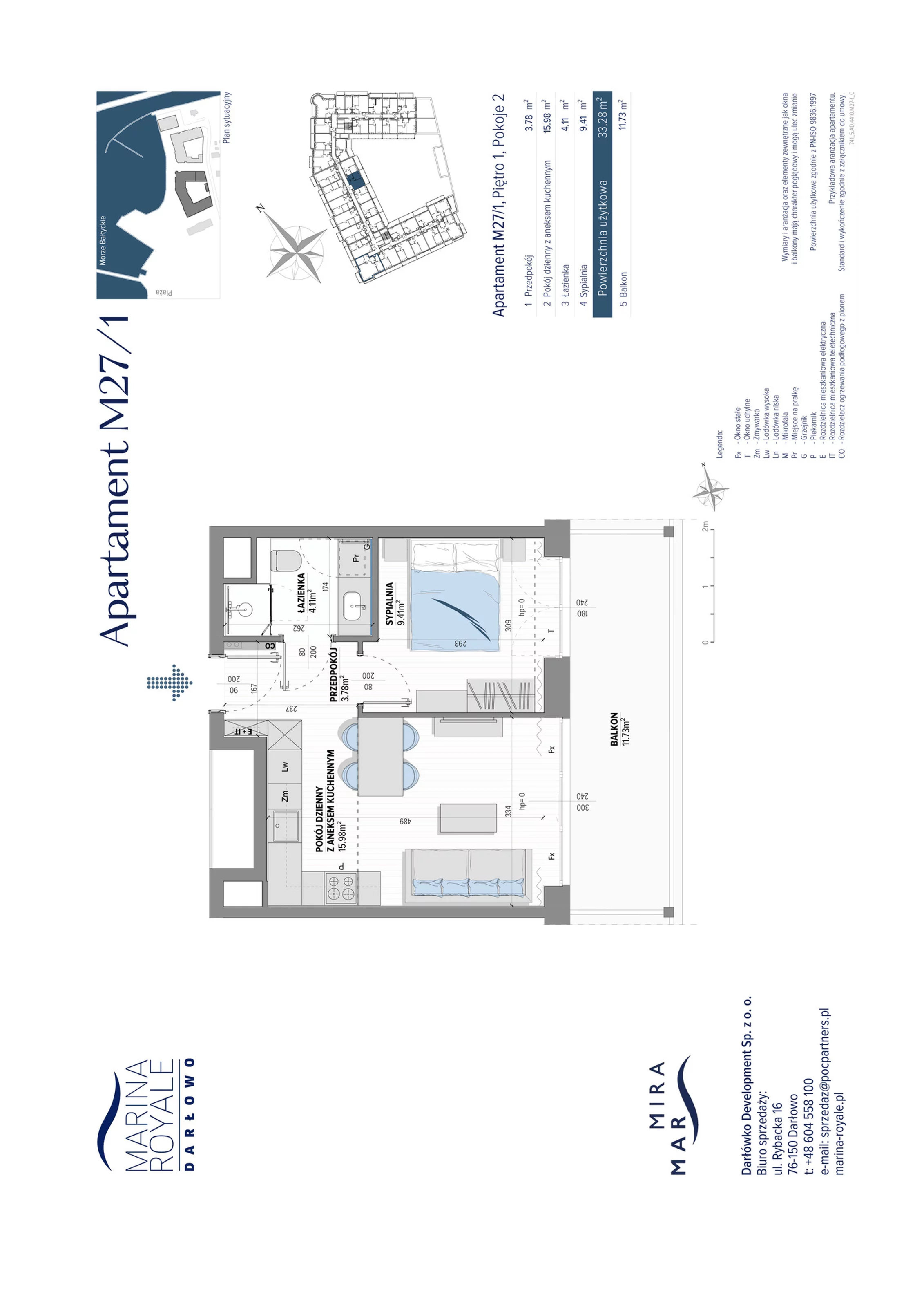 2 pokoje, apartament 33,28 m², piętro 1, oferta nr M27/1, Marina Royale, Darłowo, ul. Bulwar Zachodzącego Słońca 1