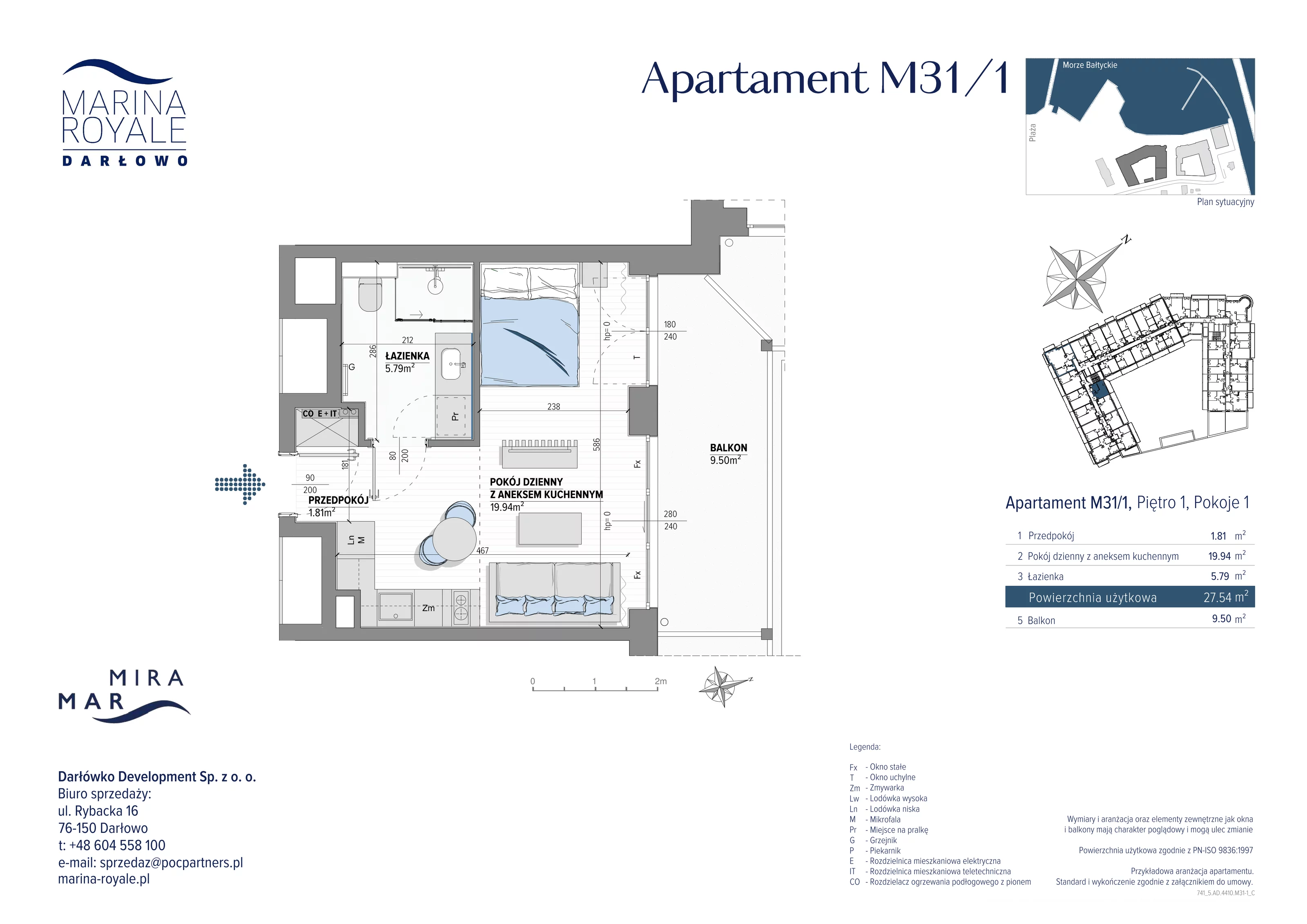 1 pokój, apartament 27,54 m², piętro 1, oferta nr M31/1, Marina Royale, Darłowo, ul. Bulwar Zachodzącego Słońca 1