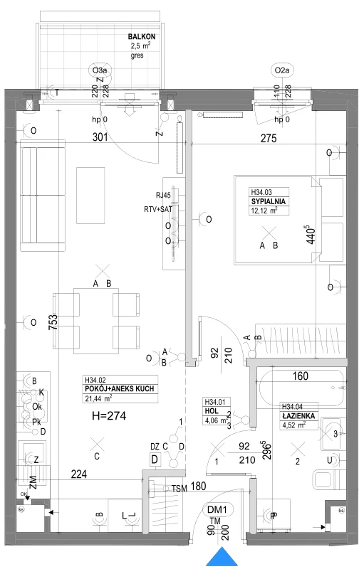 2 pokoje, mieszkanie 43,69 m², piętro 3, oferta nr H34, Miasto Ogród 6, Ożarów Mazowiecki, ul. Widok