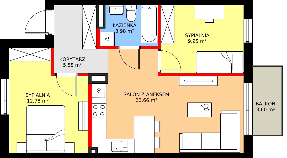Zalety mieszkania 56.89 m², 66B