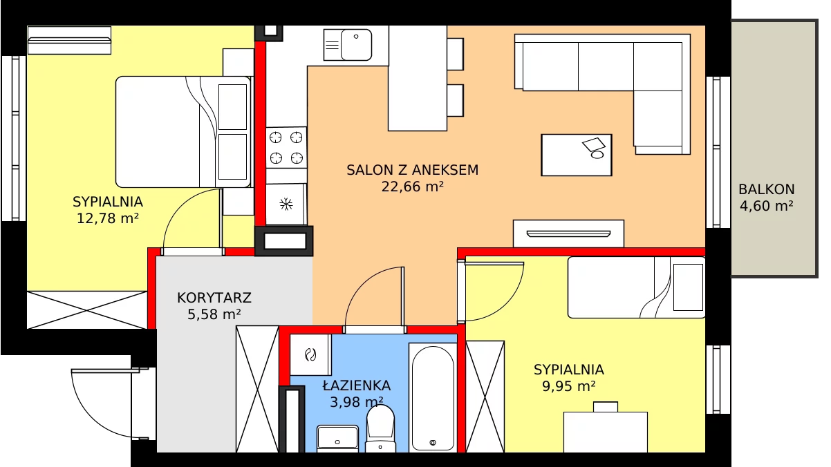 Zalety mieszkania 56.89 m², 55B